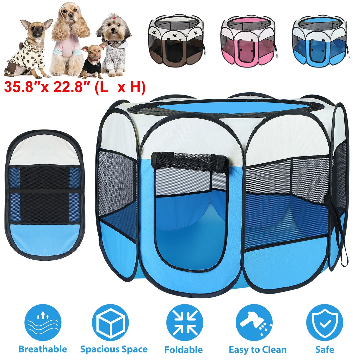 Foldable Pet Playpen with Mesh Panels and Zipper Top