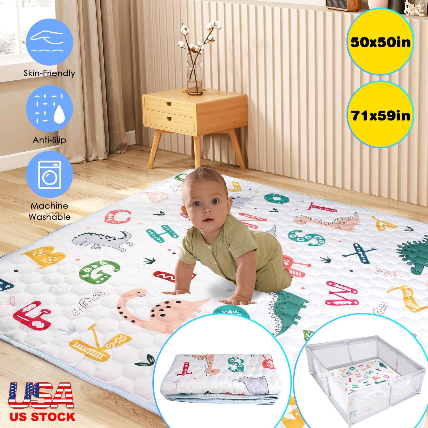 Baby Play Mat 50x50IN Non-Slip Foldable Crawling Mat