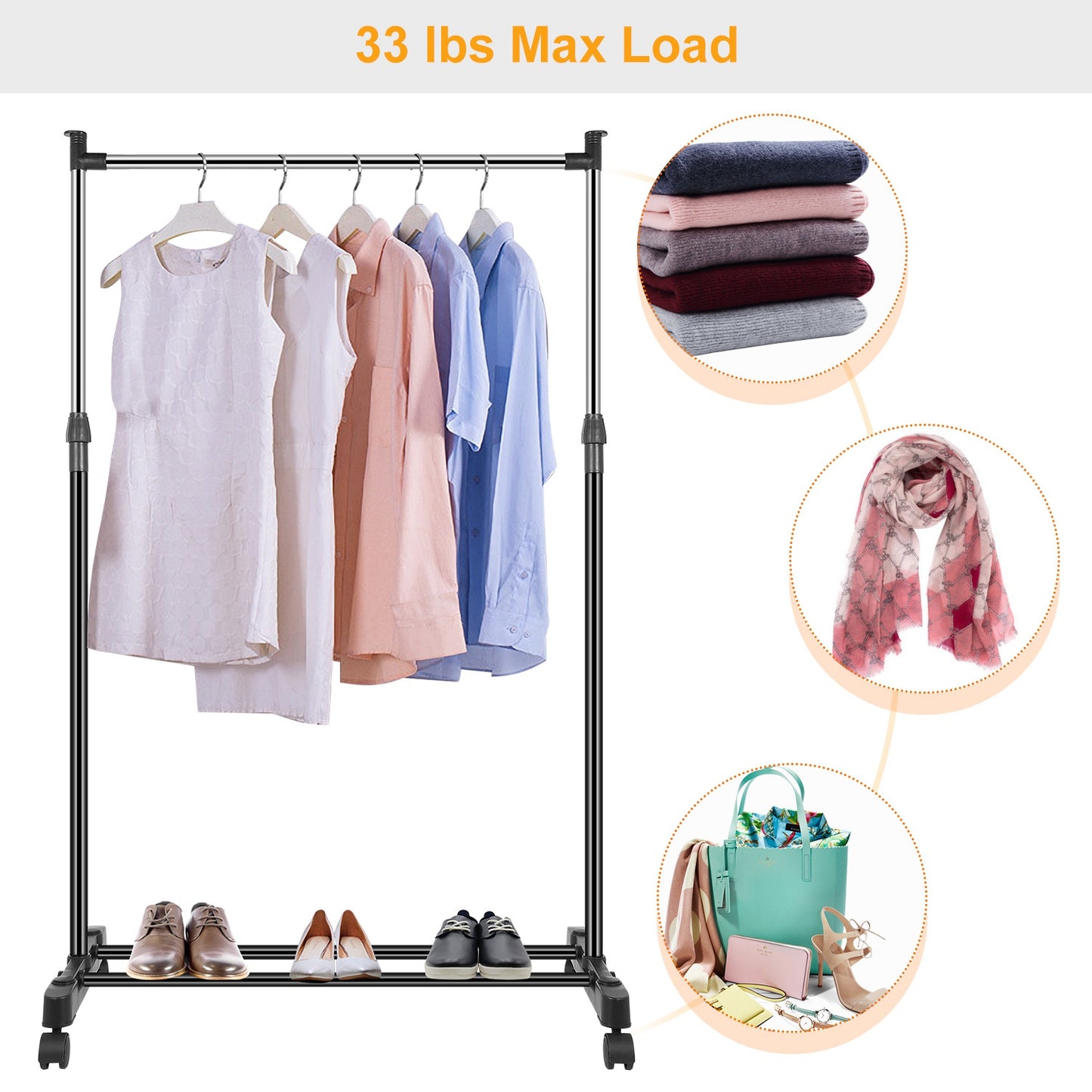 Adjustable Garment Rack with Wheels and Storage Shelf