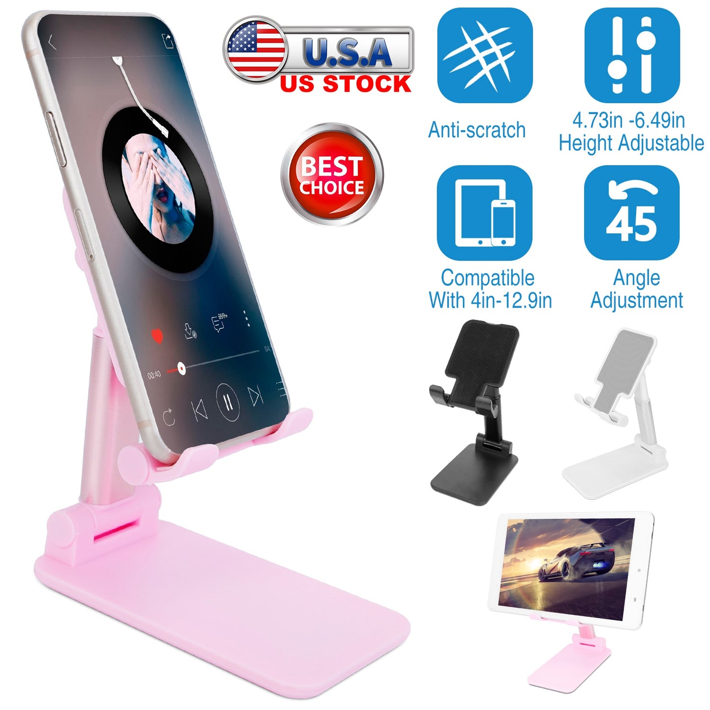 Adjustable Phone Stand for Desk with Mirror - 4-12.9 Inch