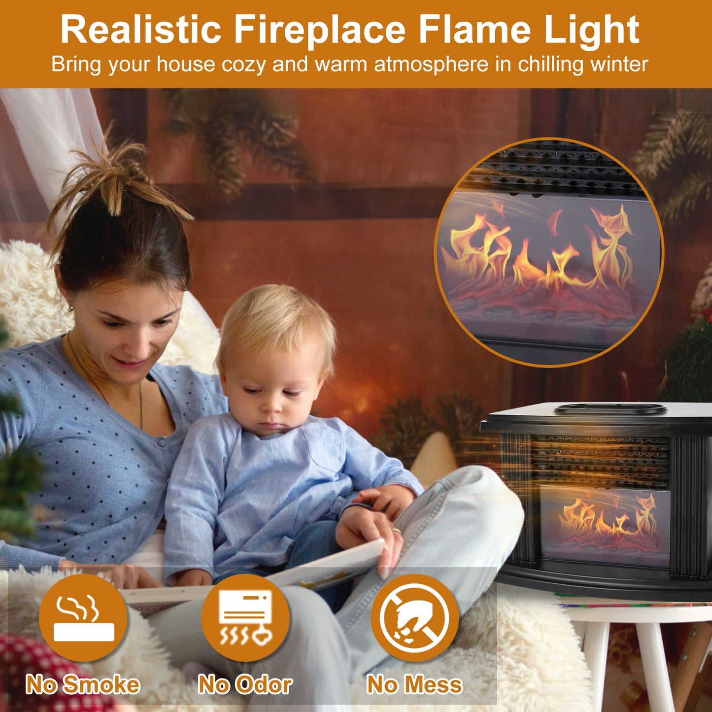 Electric Fireplace Heater 800W with Remote & Timer Control