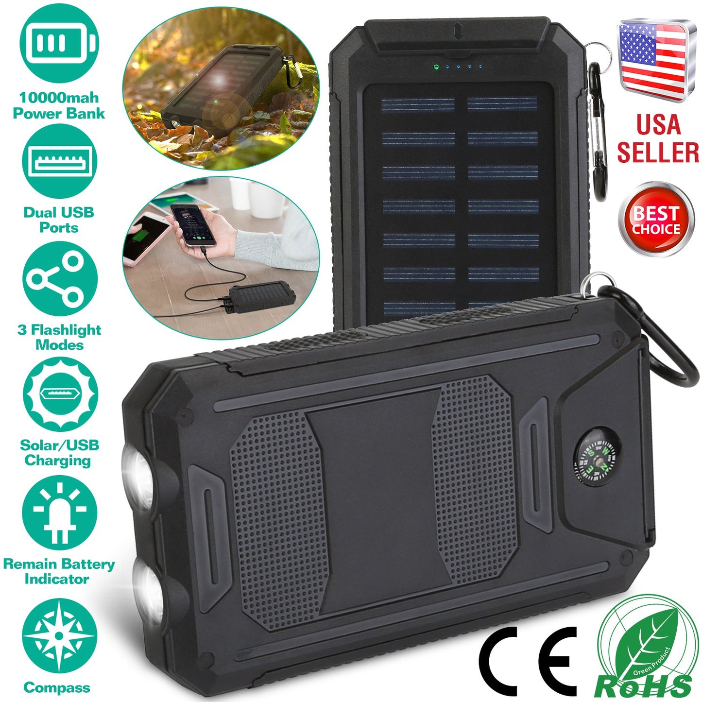 10000mAh Solar Power Bank with Dual USB Ports and LED Flashlight