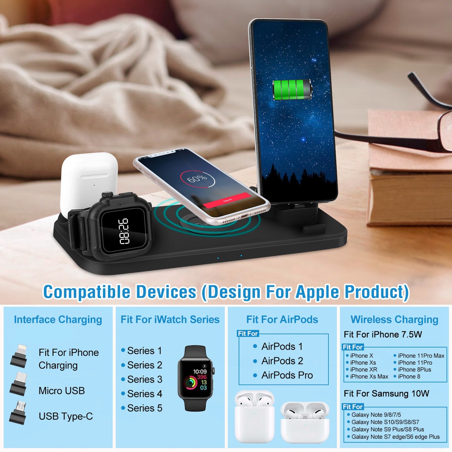 6-in-1 Wireless Charging Station for iPhone, Apple Watch & AirPods