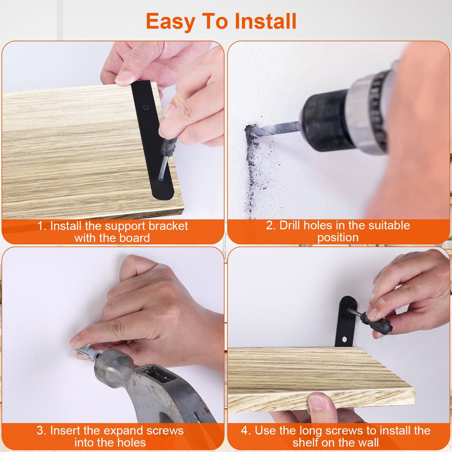 Floating Wall Shelves Set of 6 - Wood & Metal Storage Organizer