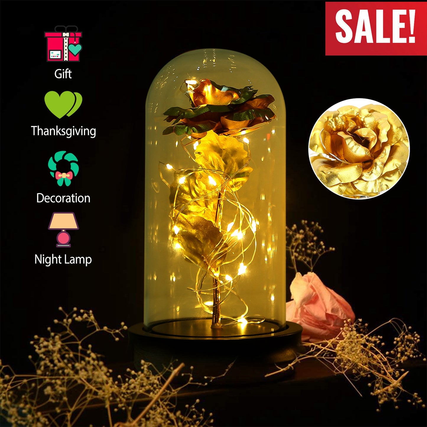 LED Rose in Glass Dome with Fairy Lights - Gold Foil Flower