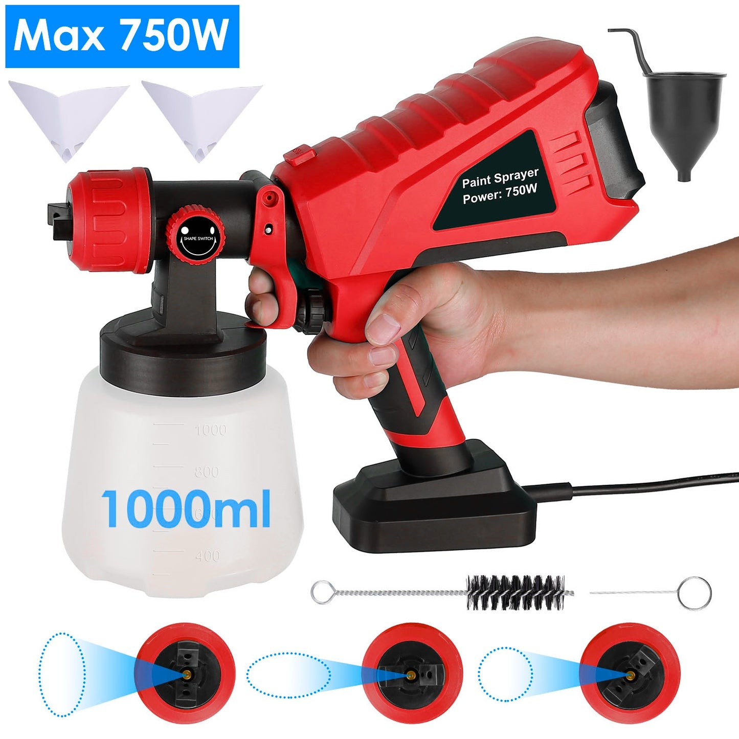 750W Electric Paint Sprayer with 3 Spray Patterns & 1000ML Cup