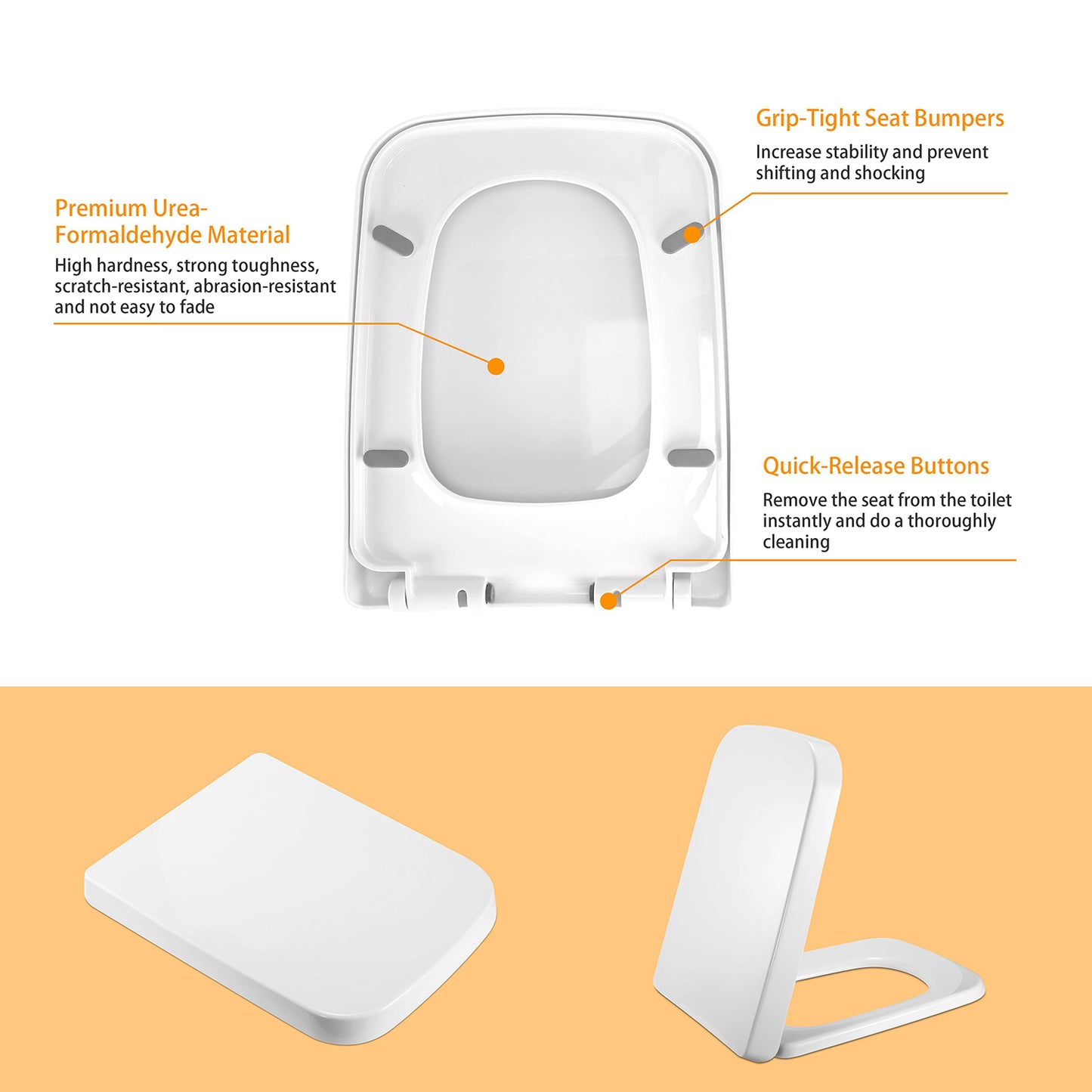 Square Toilet Seat with Quiet-Close and Quick-Release