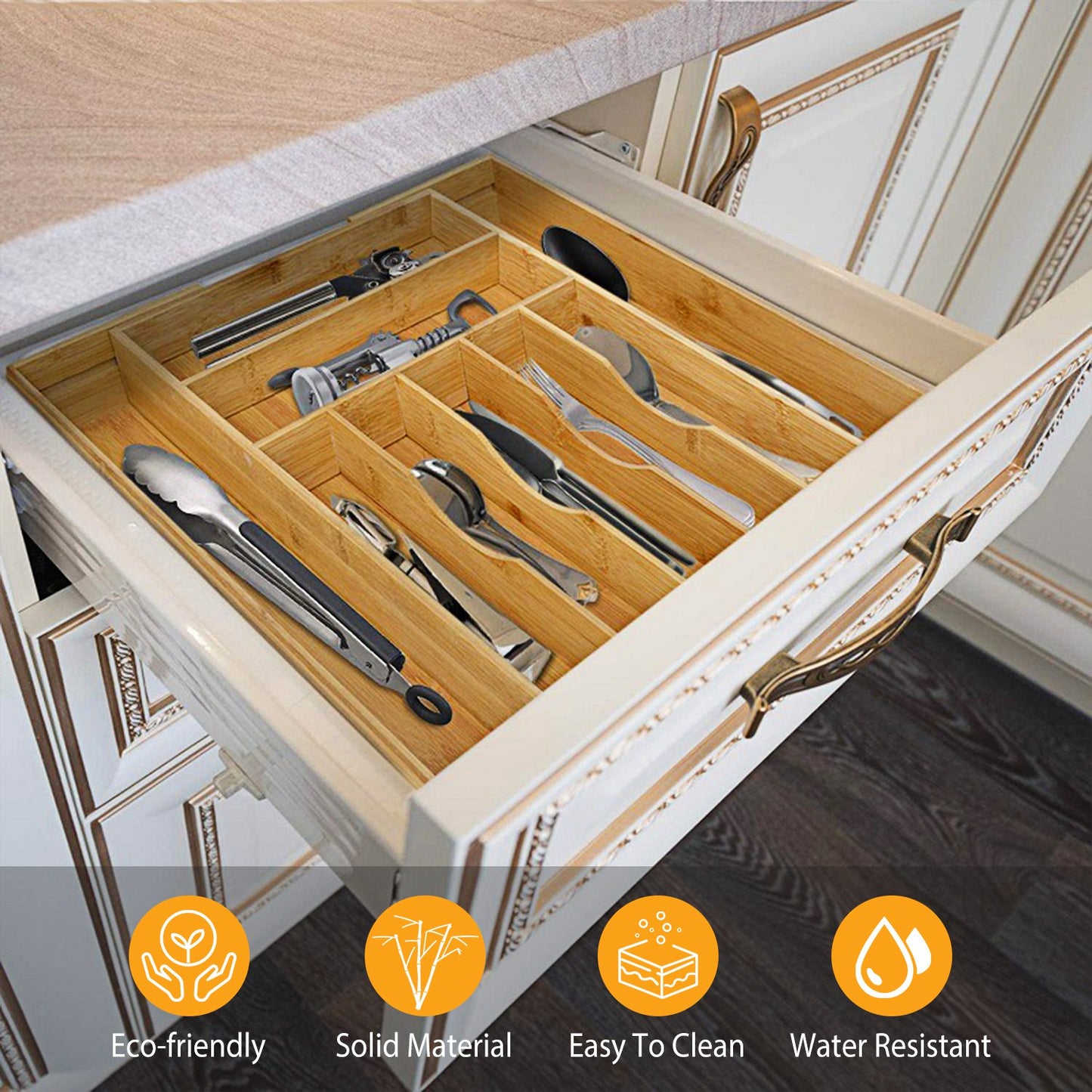 Expandable Bamboo Drawer Organizer with 9 Compartments