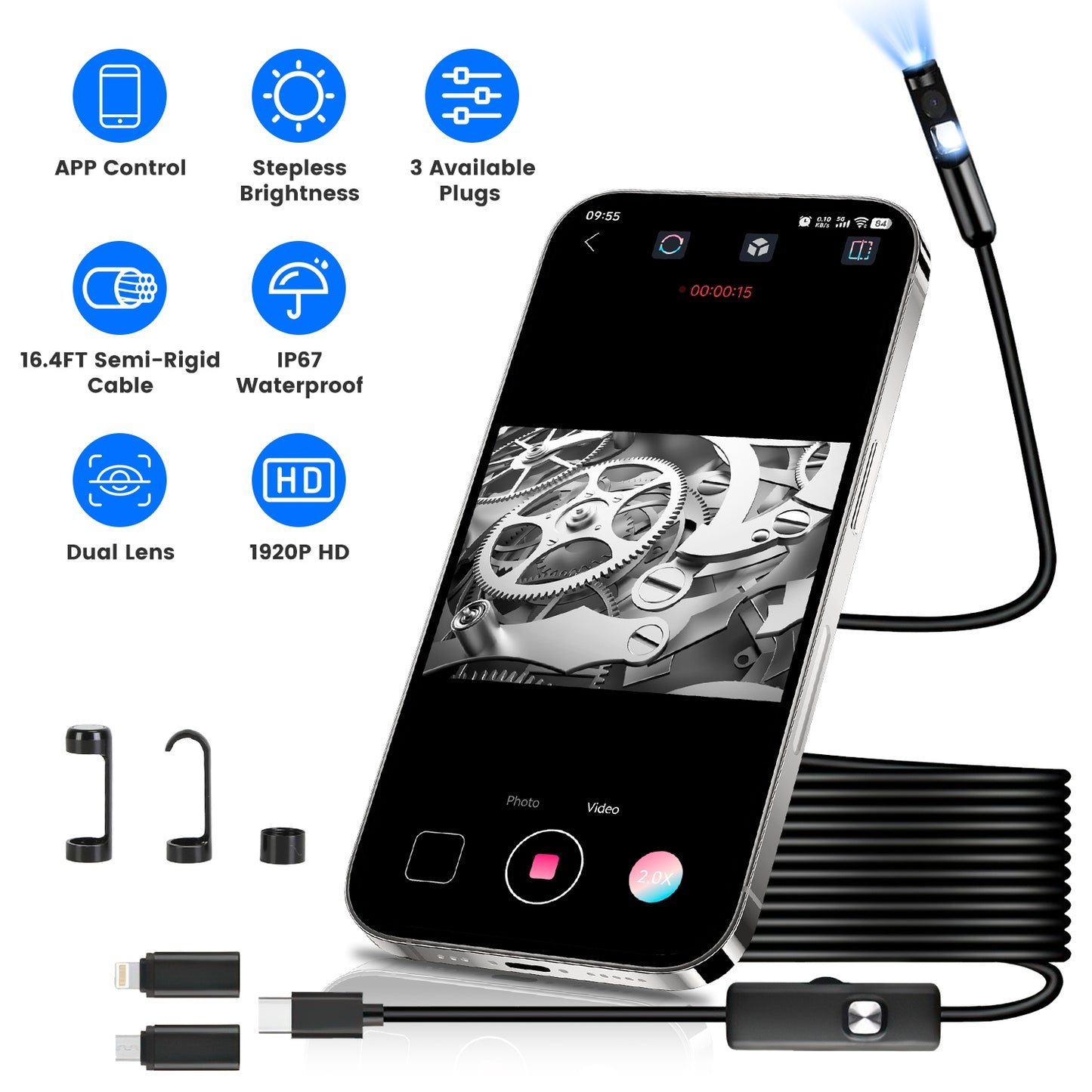 Endoscope Camera 1920P HD Waterproof with Dual Lens & 16.4ft Cable