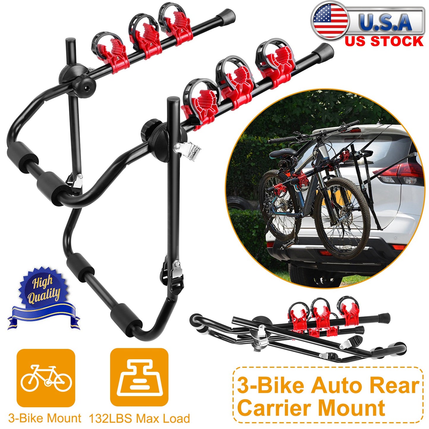 3-Bike Trunk Mount Rack - 132 LBS Capacity