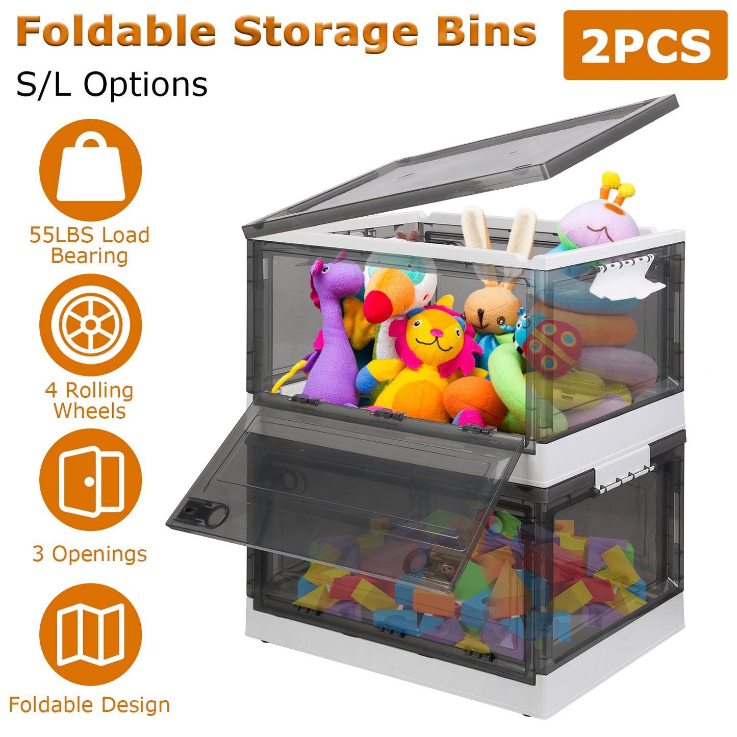 Foldable Storage Bins with Wheels - 2 Pack Stackable Organizer