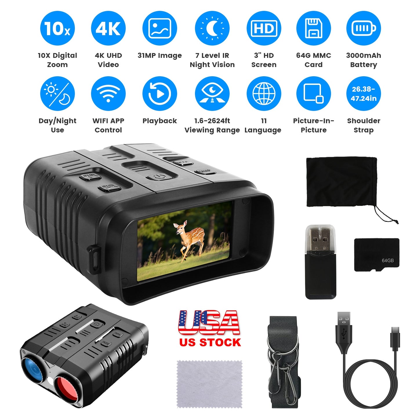 Night Vision Goggles 4K with 10X Zoom and 2624ft Range