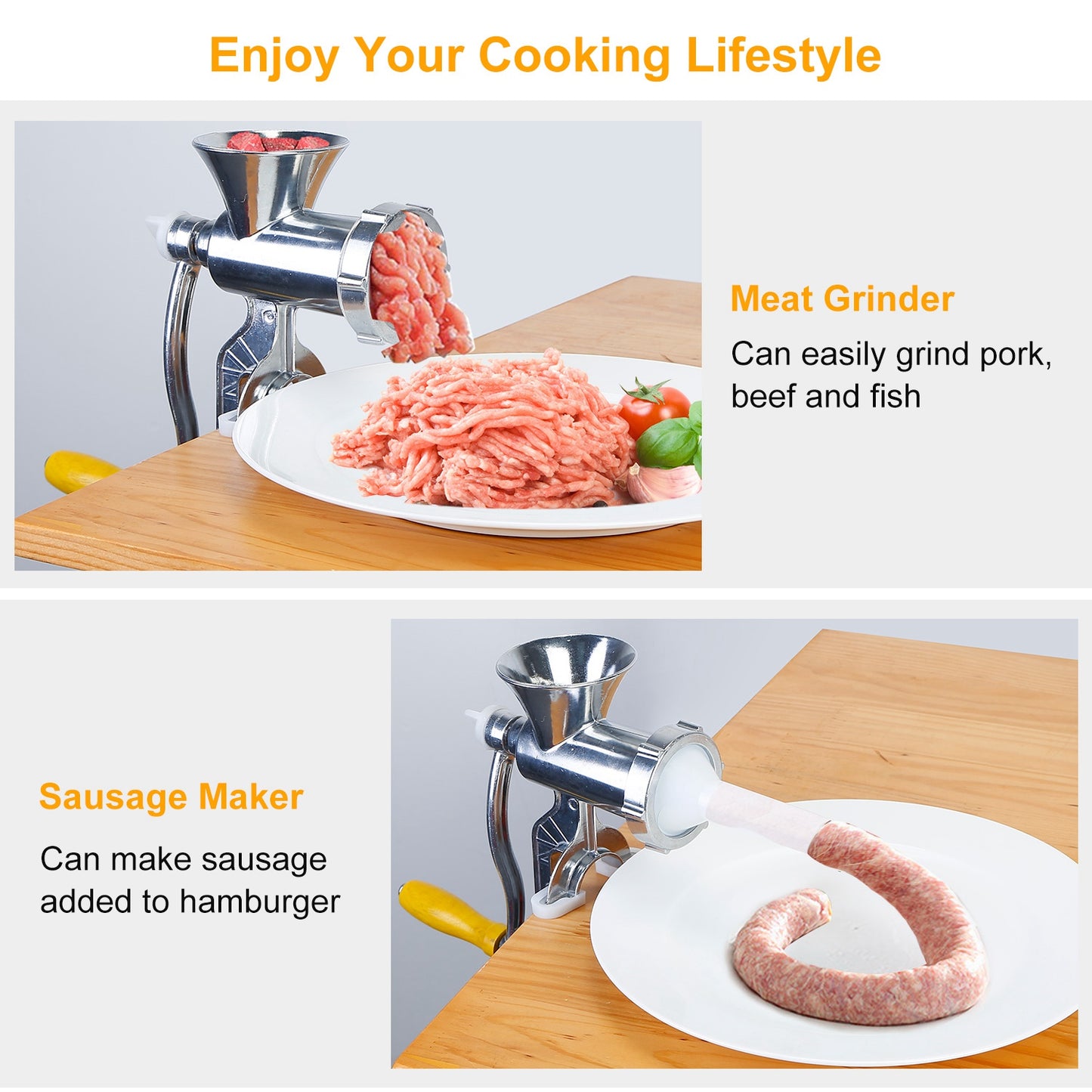 Manual Meat Grinder with Sausage & Noodle Attachments