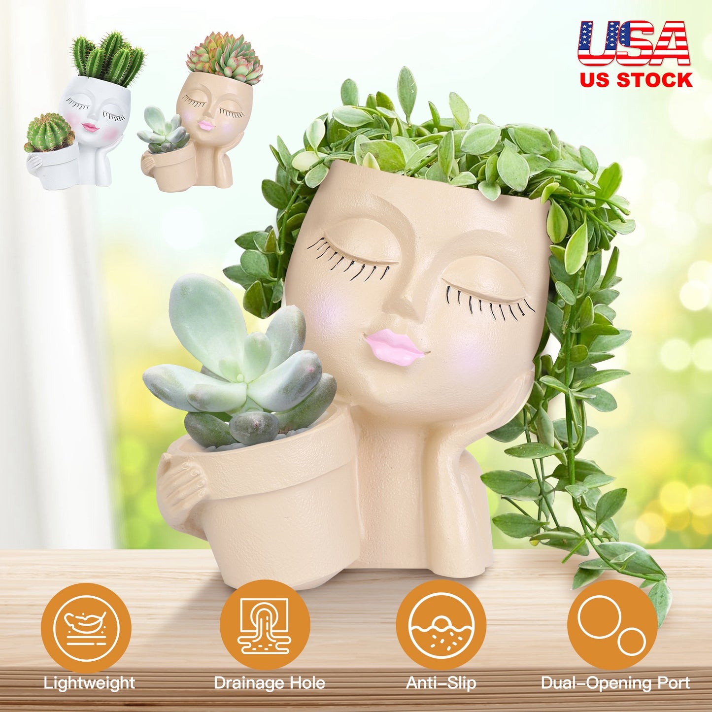 Girl Face Planter Pot with Dual Opening & Drainage Hole
