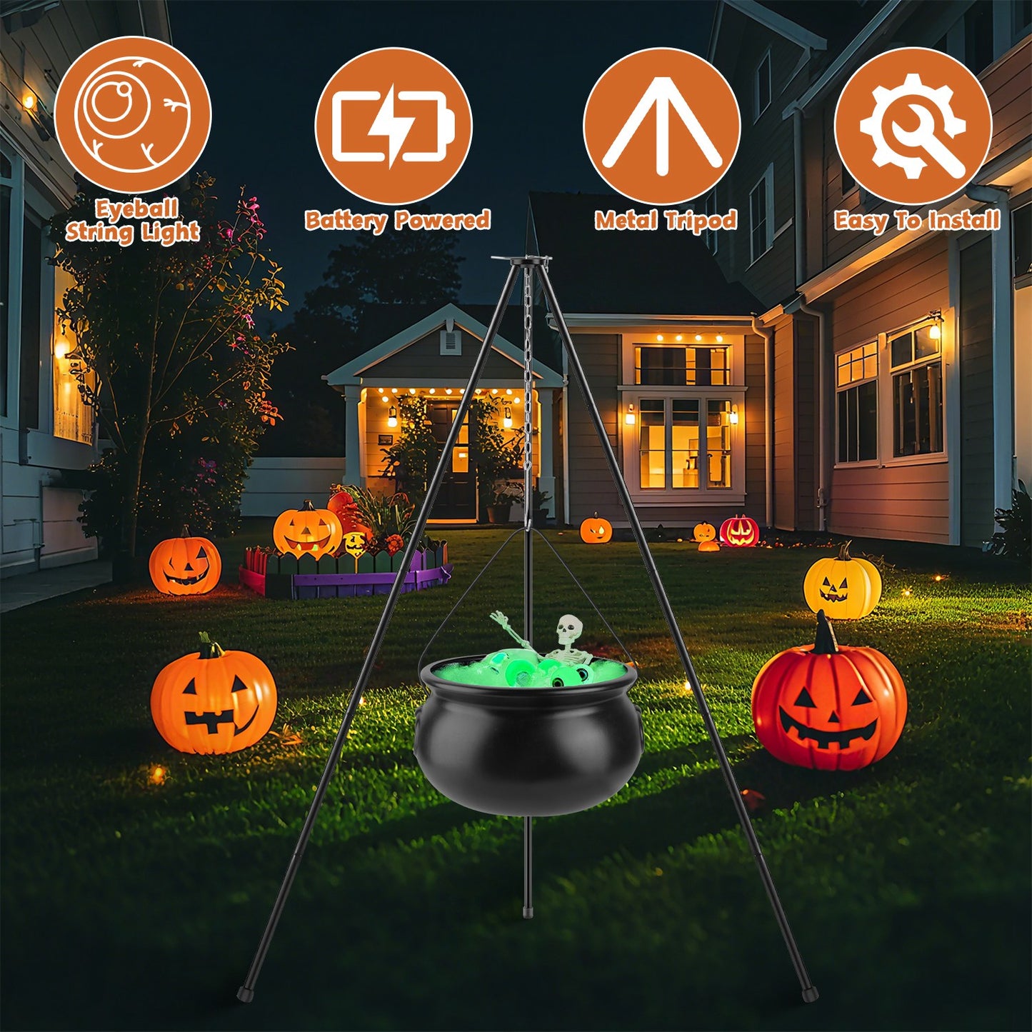 Halloween Witch Cauldron with 56" Tripod & LED String Lights