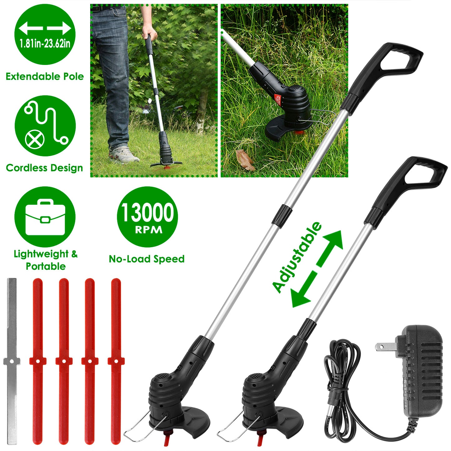 Cordless Grass Trimmer with Extendable Pole & 5 Blades