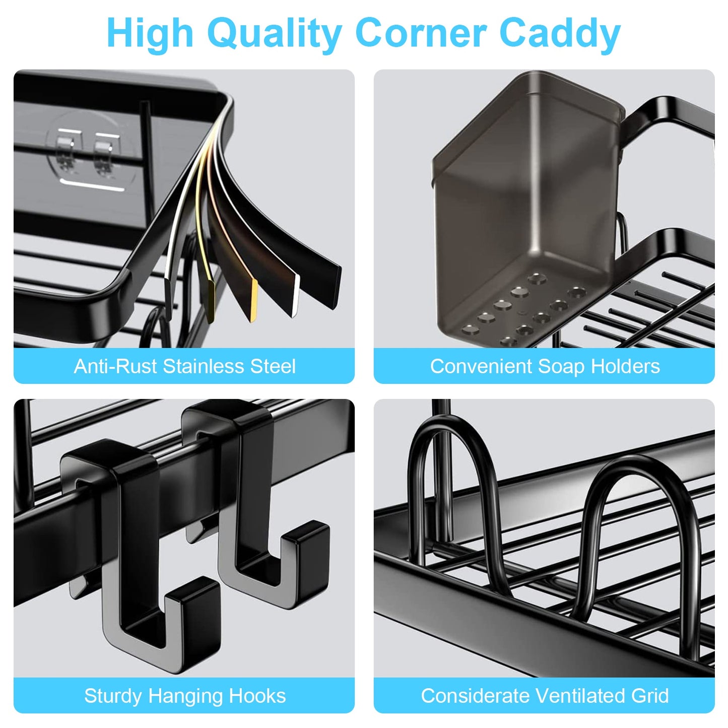Corner Shower Caddy 2-Pack with Soap Holders & Hooks