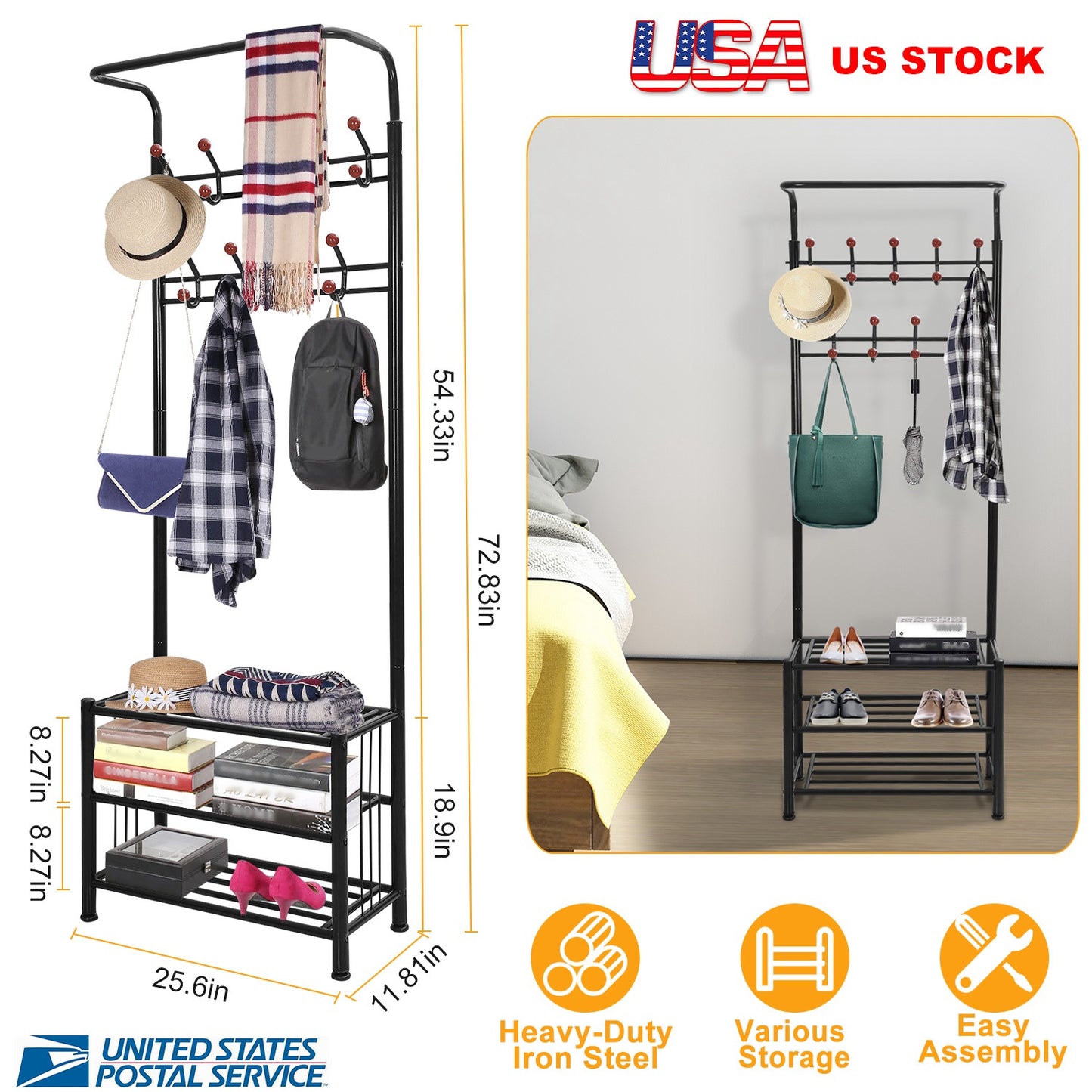 Entryway Hall Tree with Shoe Bench and 18 Hooks
