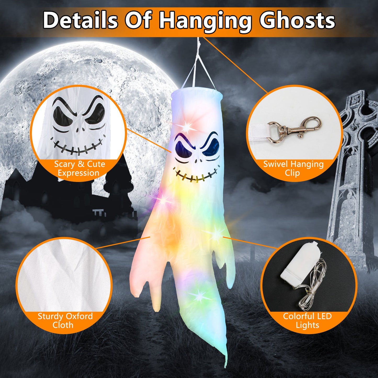 Halloween Ghost Windsocks with Witch Hats & LED Lights (4-Pack)