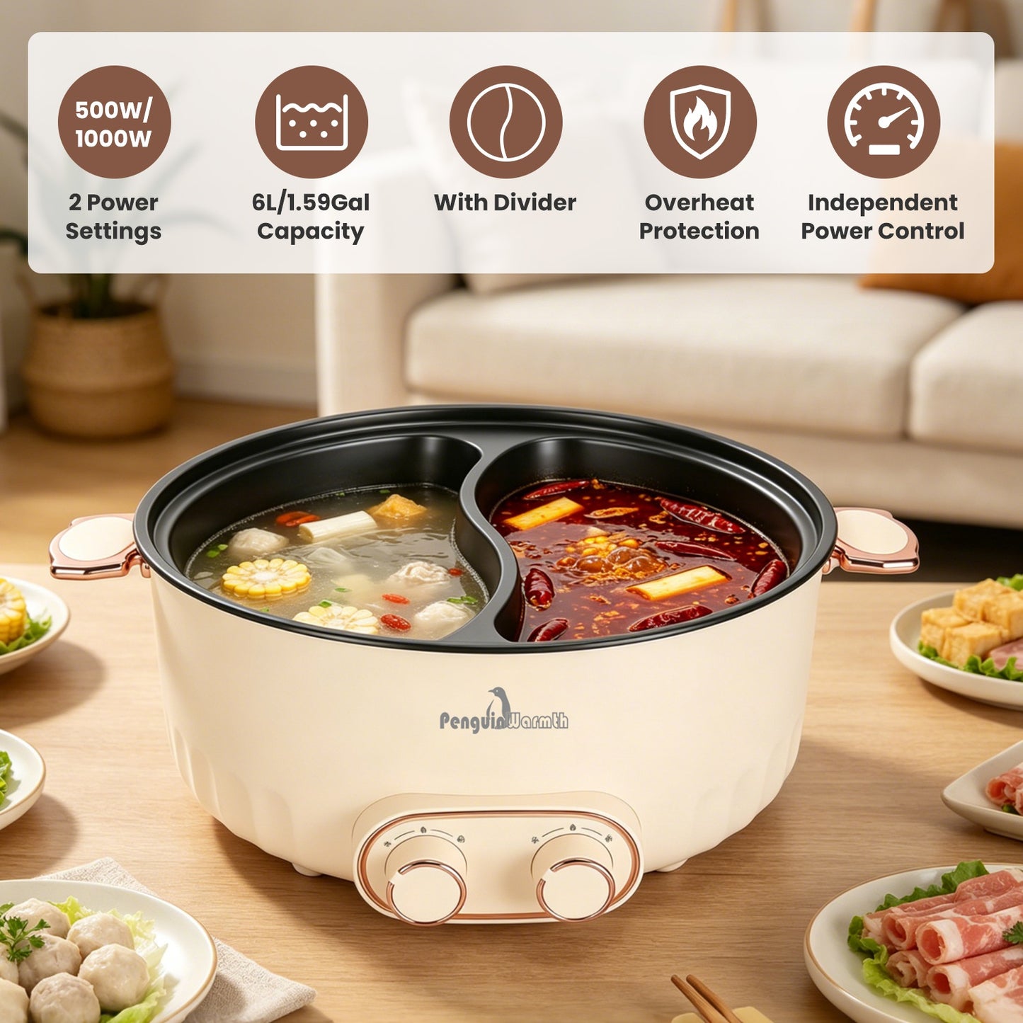 Electric Hot Pot with Divider 6L Dual Control 2000W