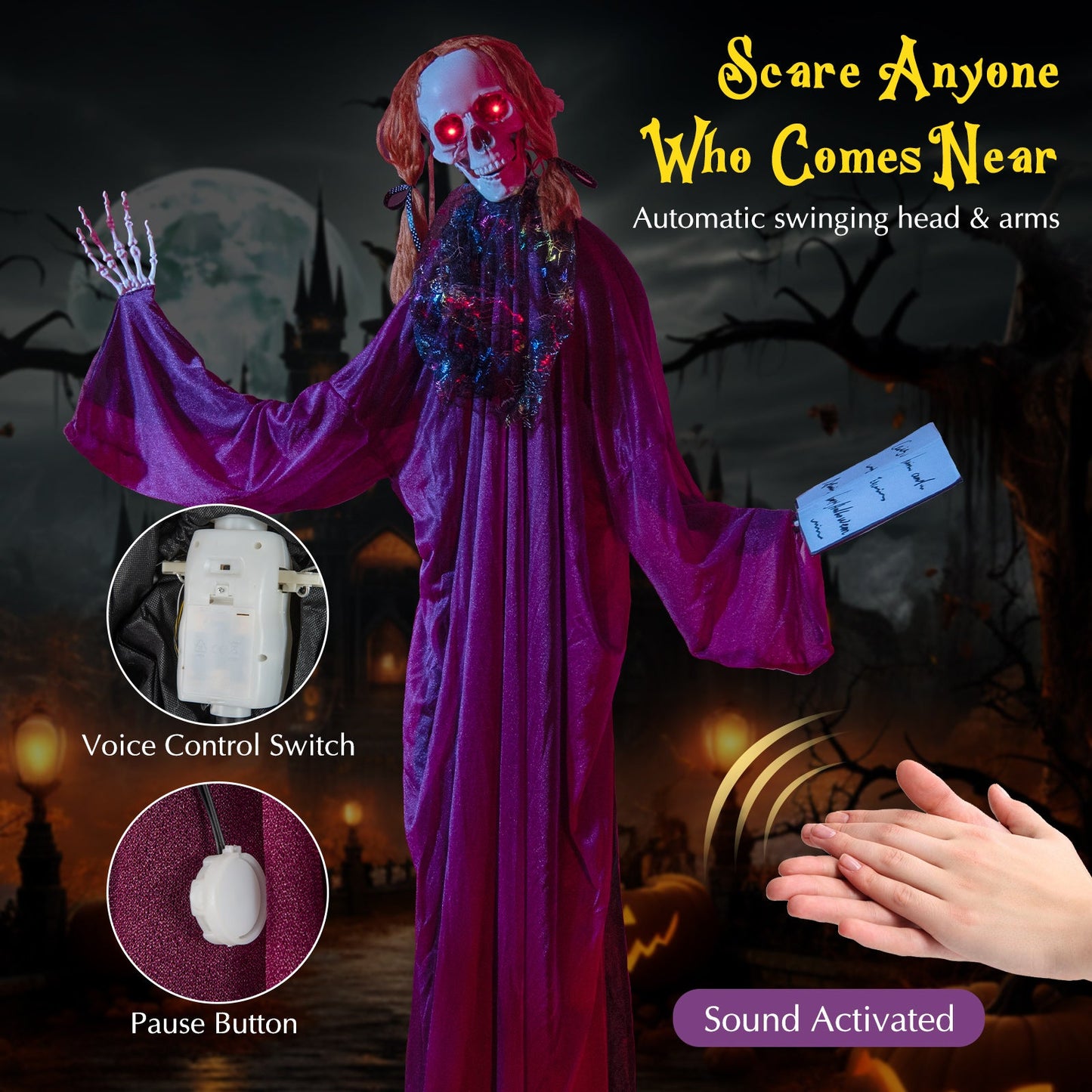 6 Feet Halloween Animatronic Standing Girl Holding Book with Sound-Activated Light-up Eyes and Moving Arms & Head