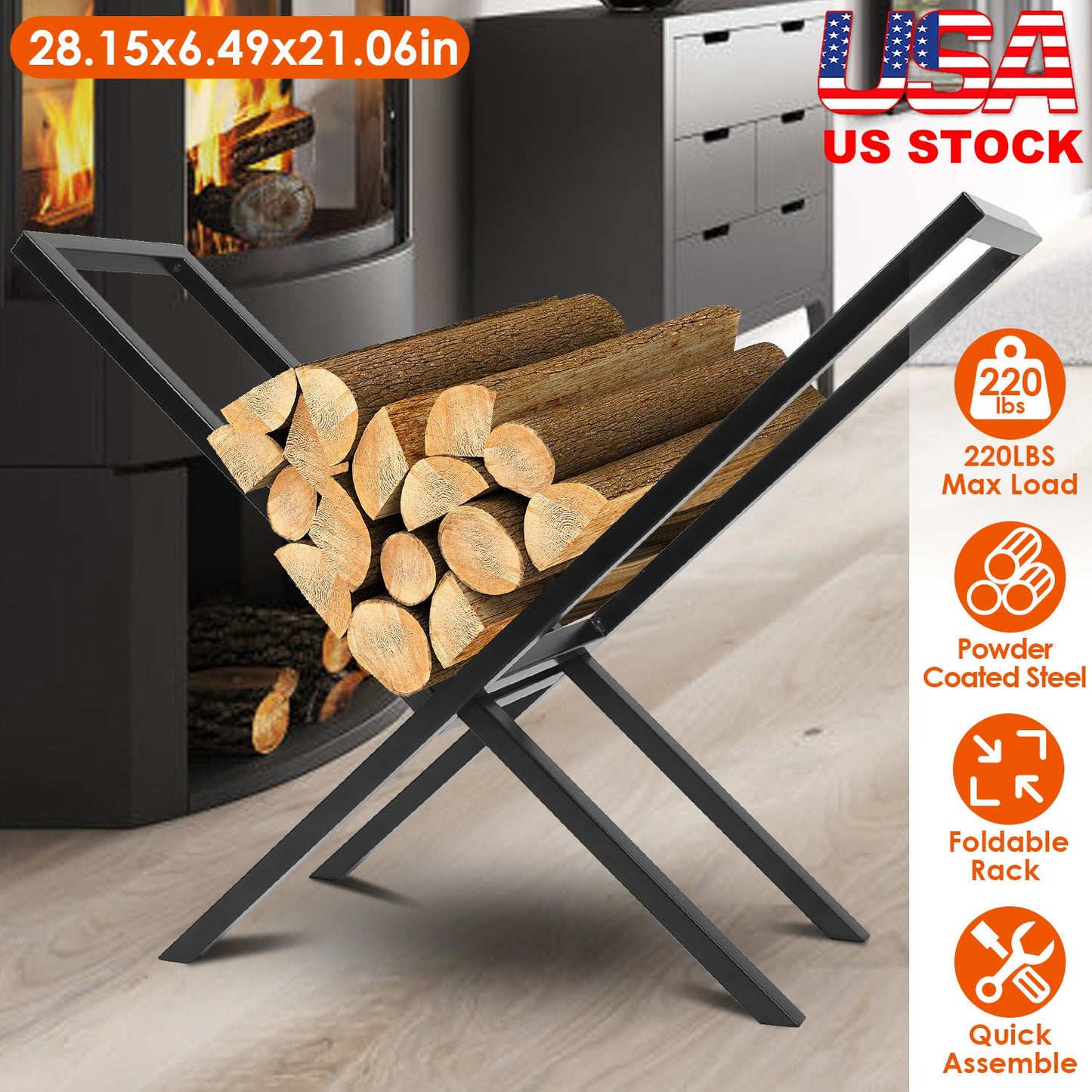 Firewood Log Rack 220LBS Capacity Steel X-Frame Storage Holder