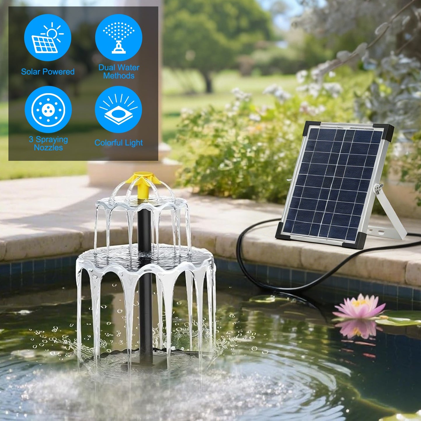 Solar Bird Bath Fountain with LED Lights & Battery Backup