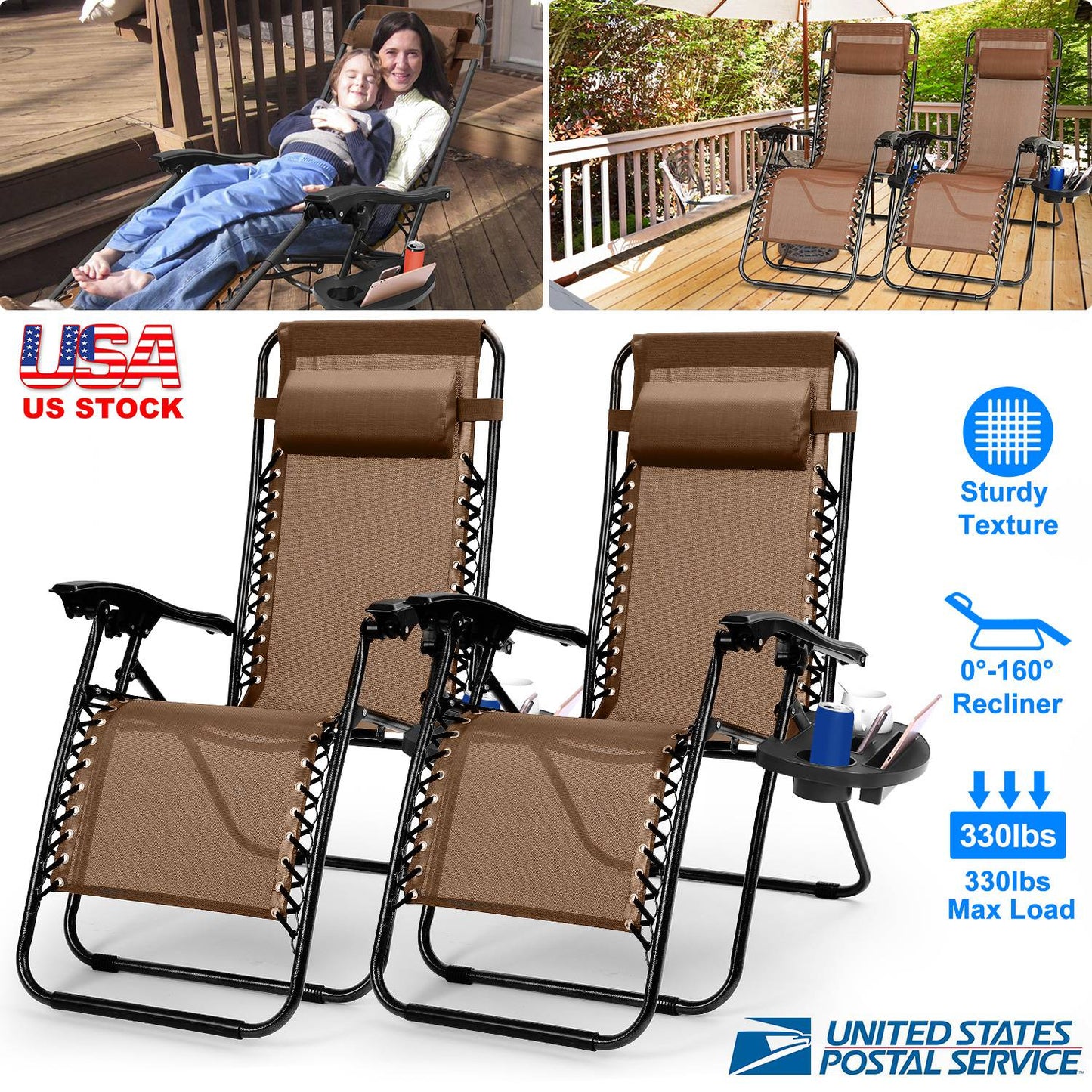 Zero Gravity Lounge Chair Set with Side Trays (2-Pack)