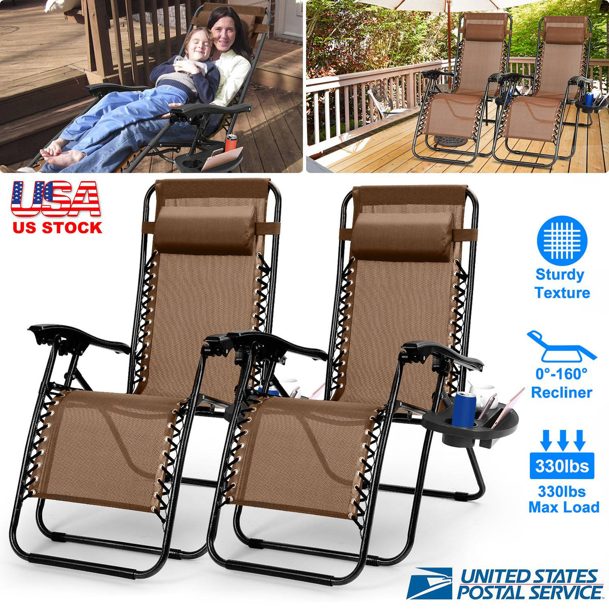 2Packs Zero Gravity Lounge Chair w/ Dual Side Tray 330lbs Load Foldable Recliner Chair w/ Stress Relief Pillow Patio Poolside Beach Lying Chair