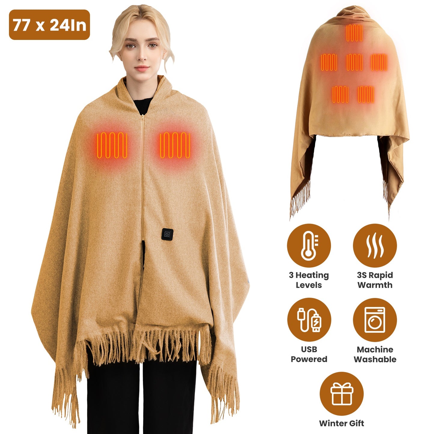 USB Heated Shawl with 3 Heat Levels and Zipper