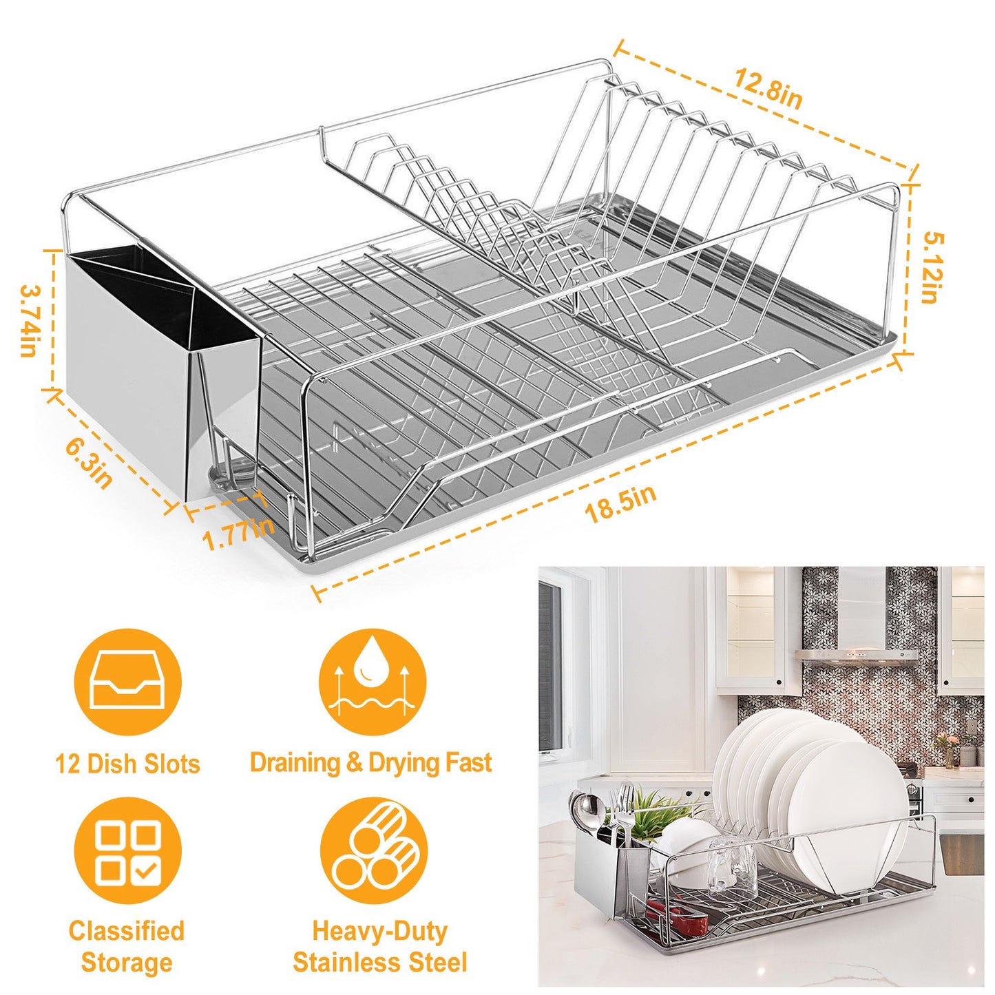 Stainless Steel Dish Drying Rack with Drainboard & Cutlery Holder