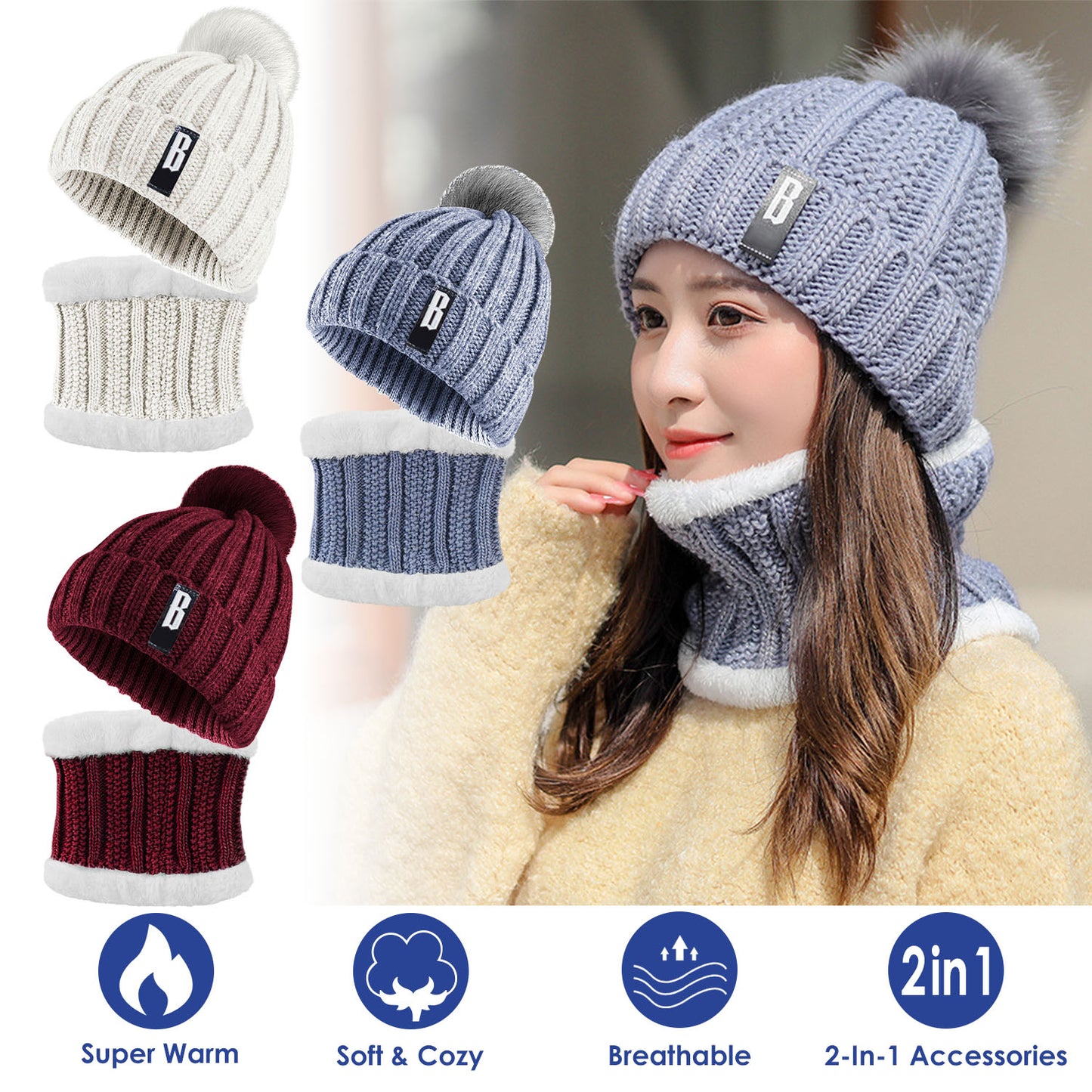 Beanie Hat and Scarf Set - Fleece Lined Winter Knit