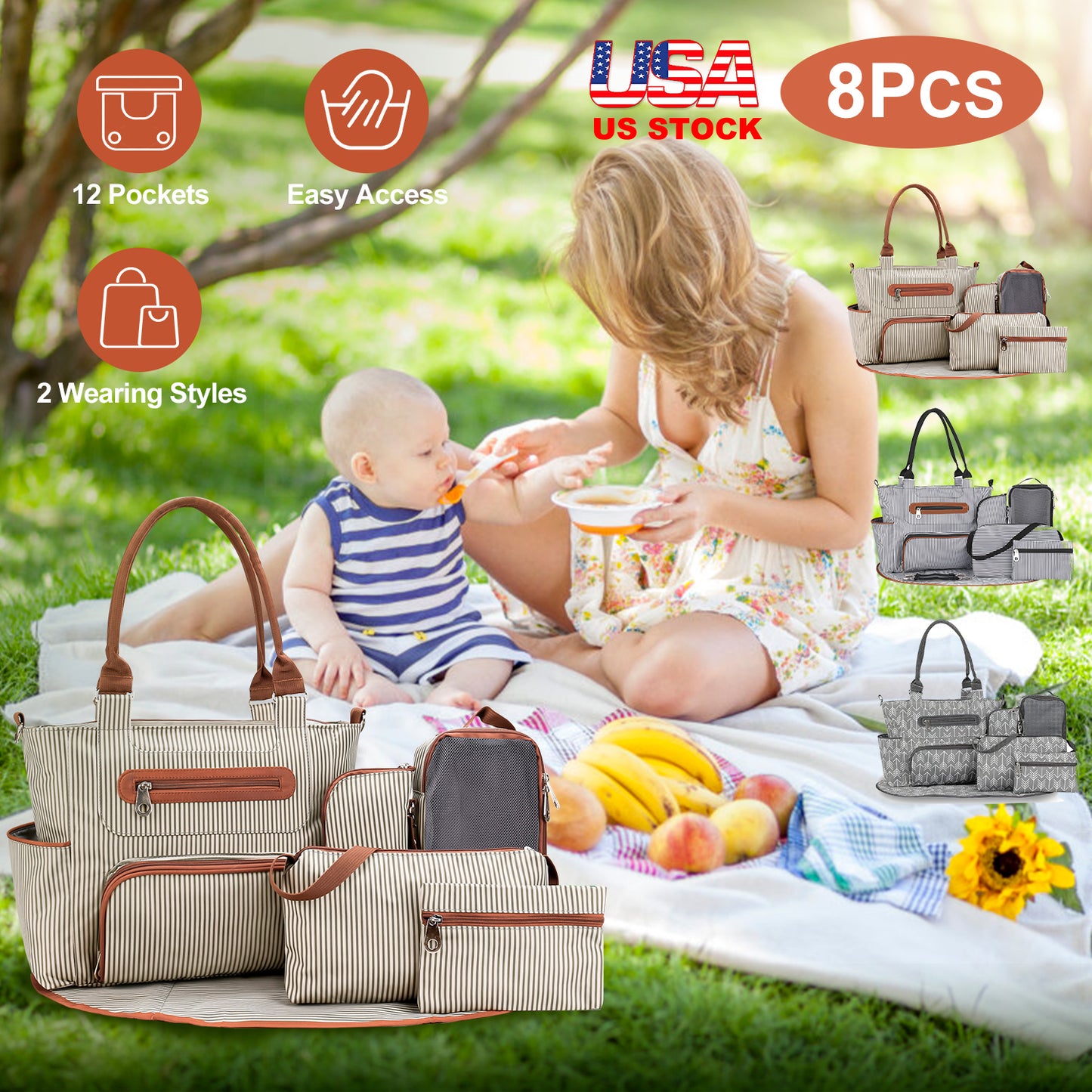 Diaper Bag Set 8-Piece with Changing Pad and Stroller Straps
