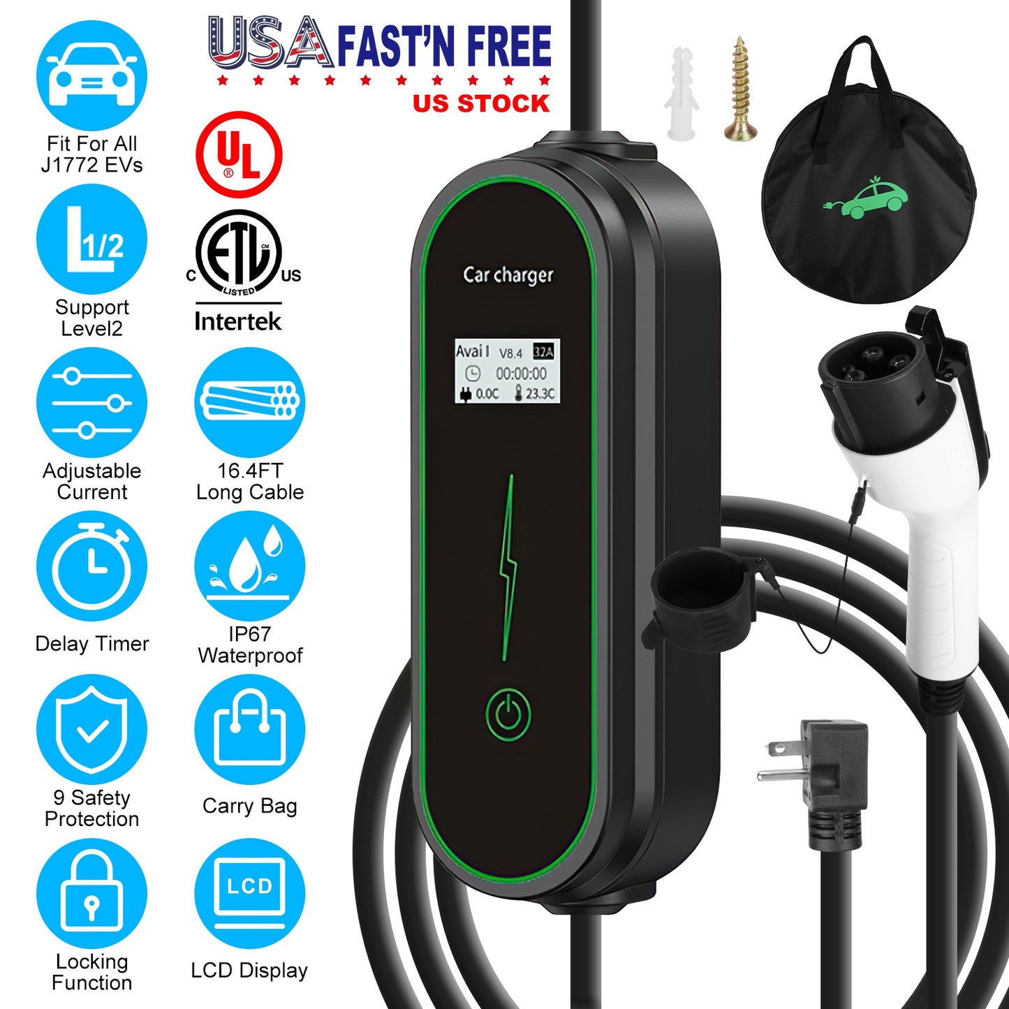 Level 2 EV Charger with NEMA 6-20P Plug and Carry Bag