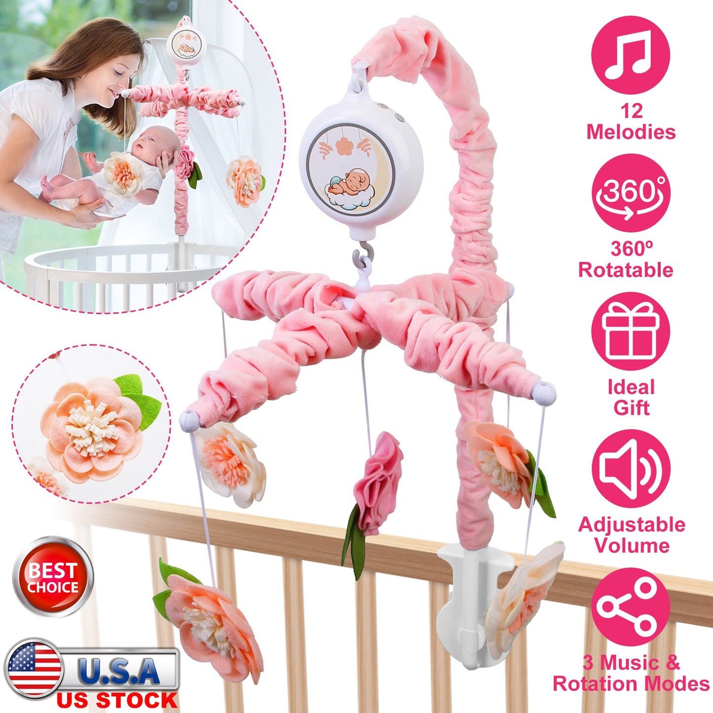 Musical Crib Mobile with 12 Melodies & Flower Rattles