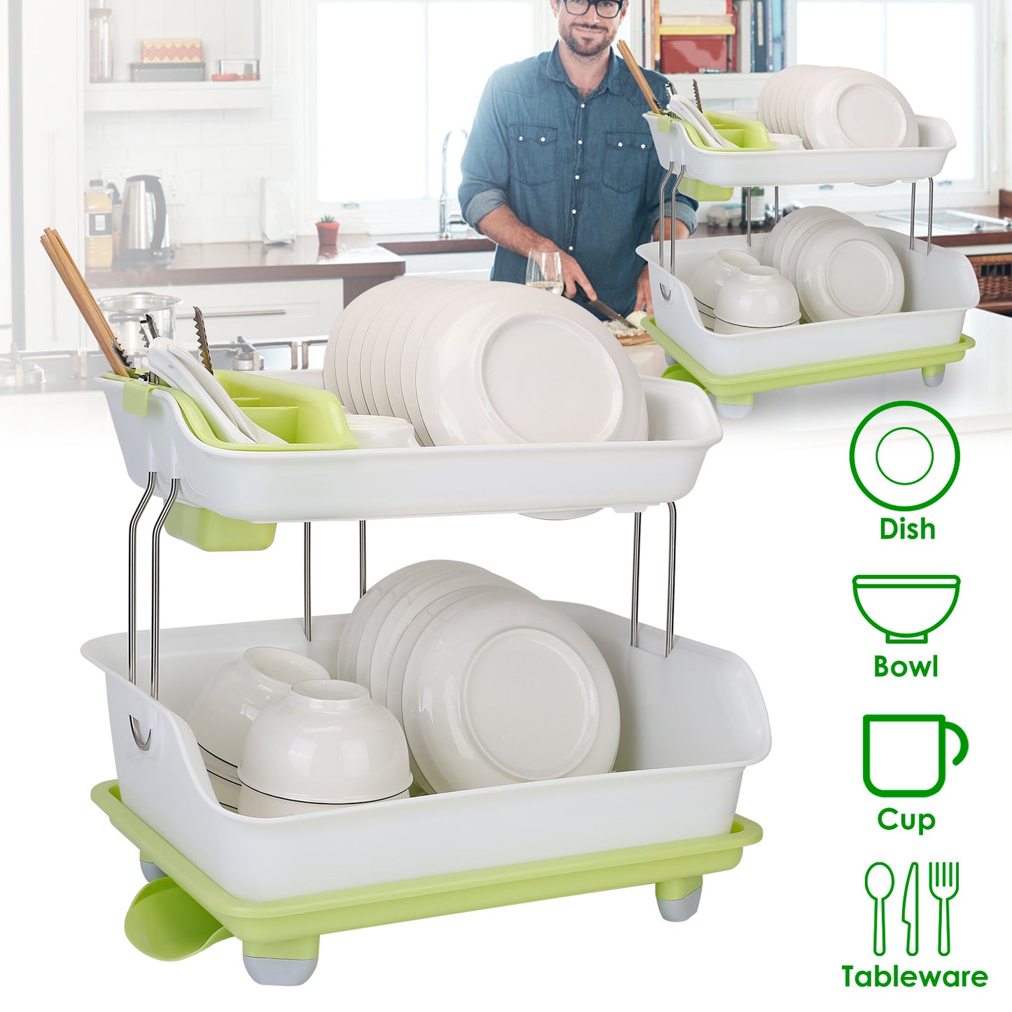 2-Tier Dish Drying Rack with Cutlery Holder & Drainage Tray