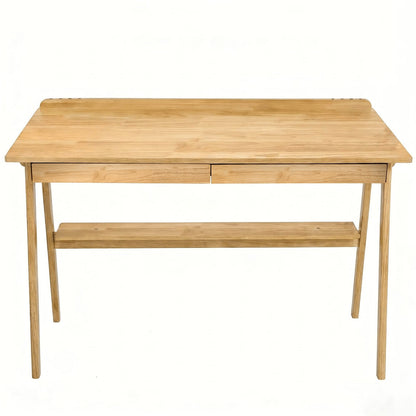 Solid Wood Writing Desk, Home Office Desk with 2 Drawers & Storage Shelf, 47.24-Inch Mid Century Modern Computer Desk wi
