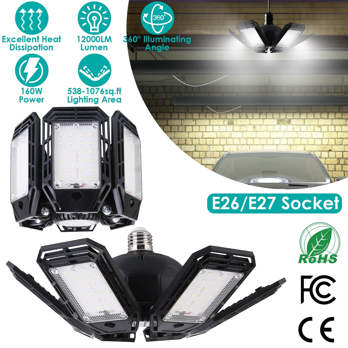 LED Garage Light 160W Deformable 6-Blade Ceiling Light
