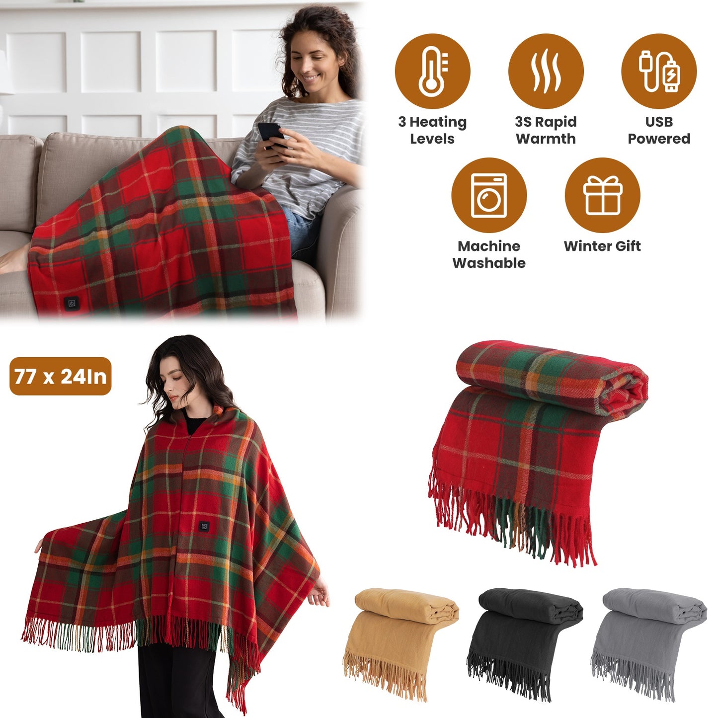 USB Heated Shawl with 3 Heat Levels and Zipper