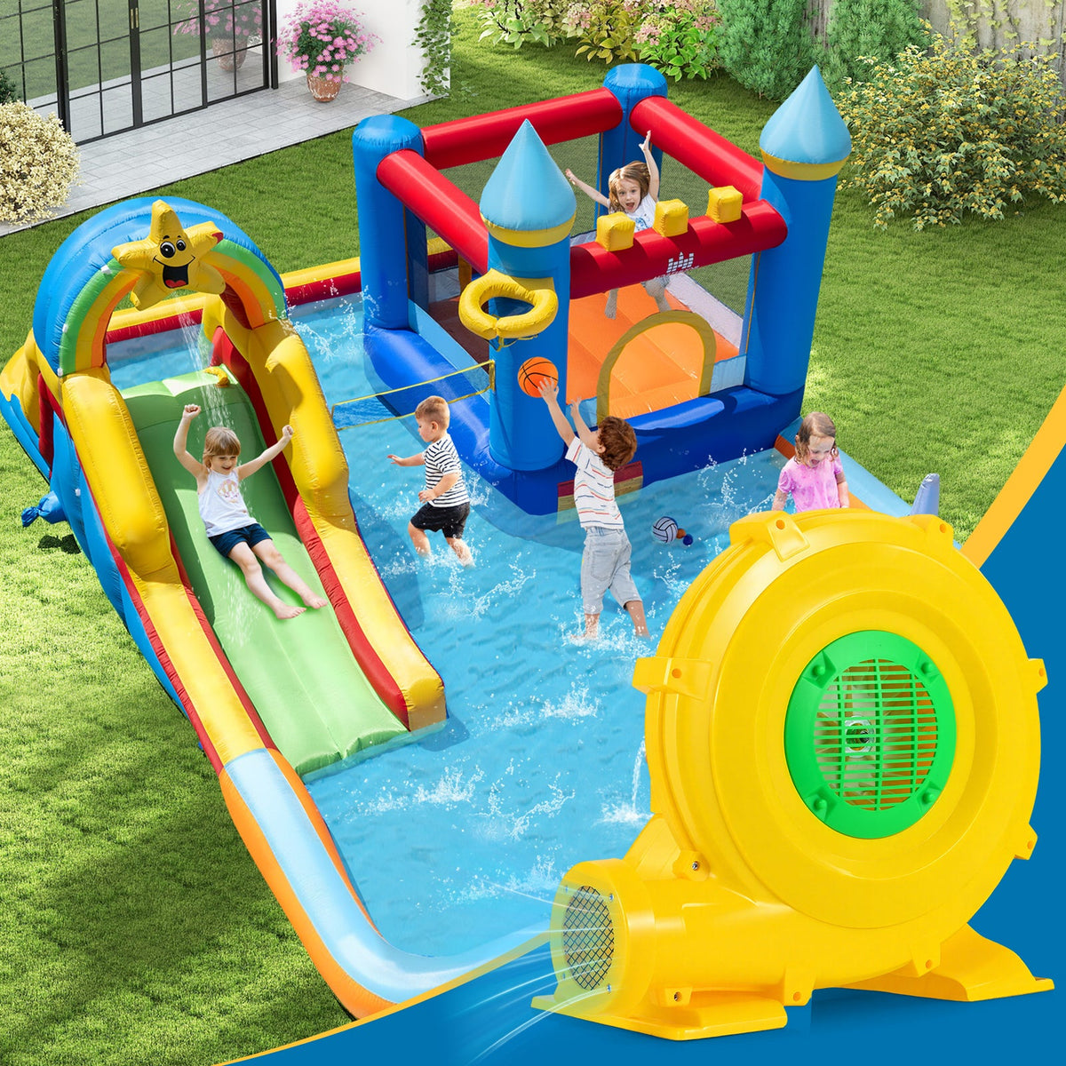 980W Bounce House Blower 1.31 HP Portable Air Pump Fan with Handle and Ground Stakes