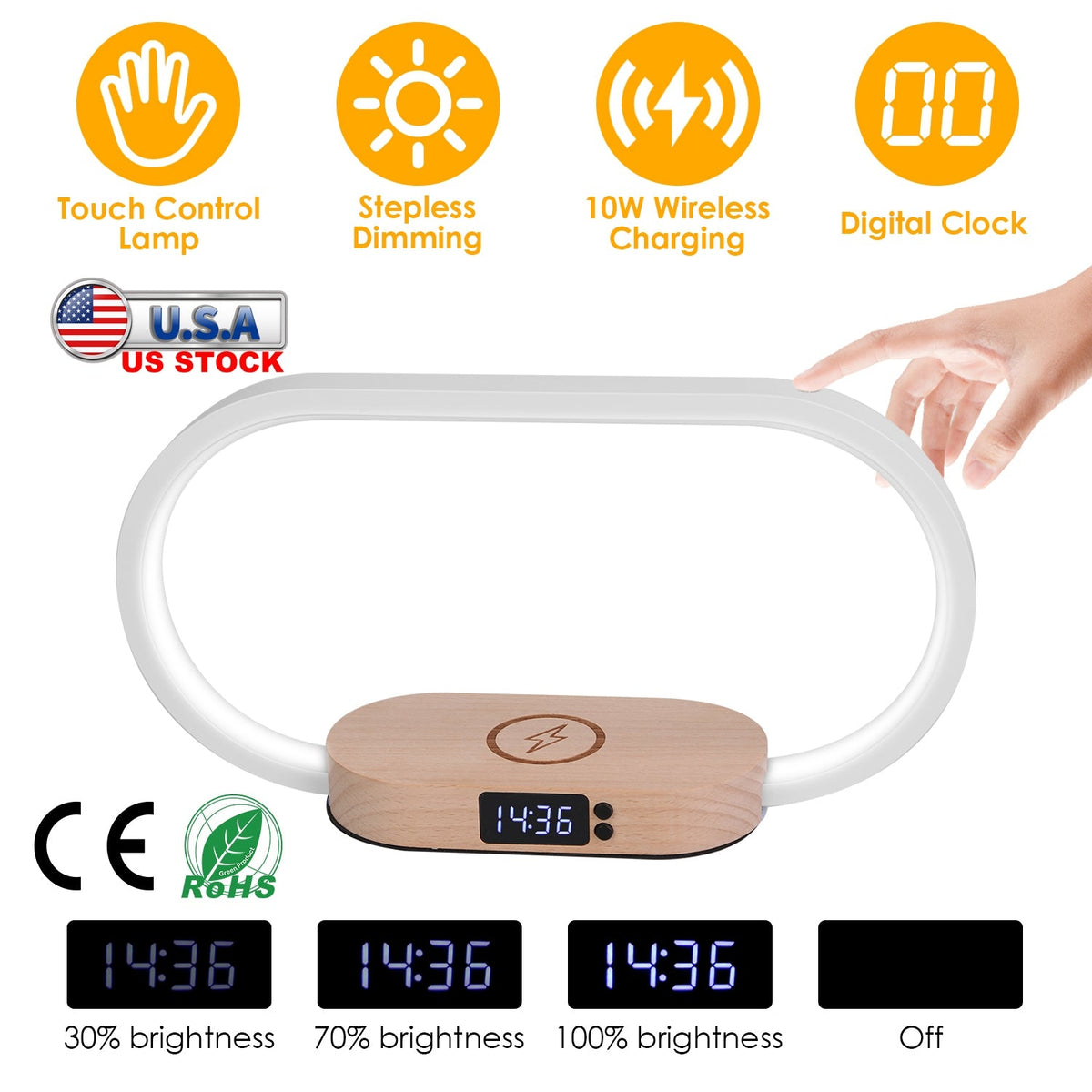 Bedside Table Lamp Touch Control Lamp with Clock Wireless Charging LED Desk Lamp Dimmable Nightstand Reading Lamp