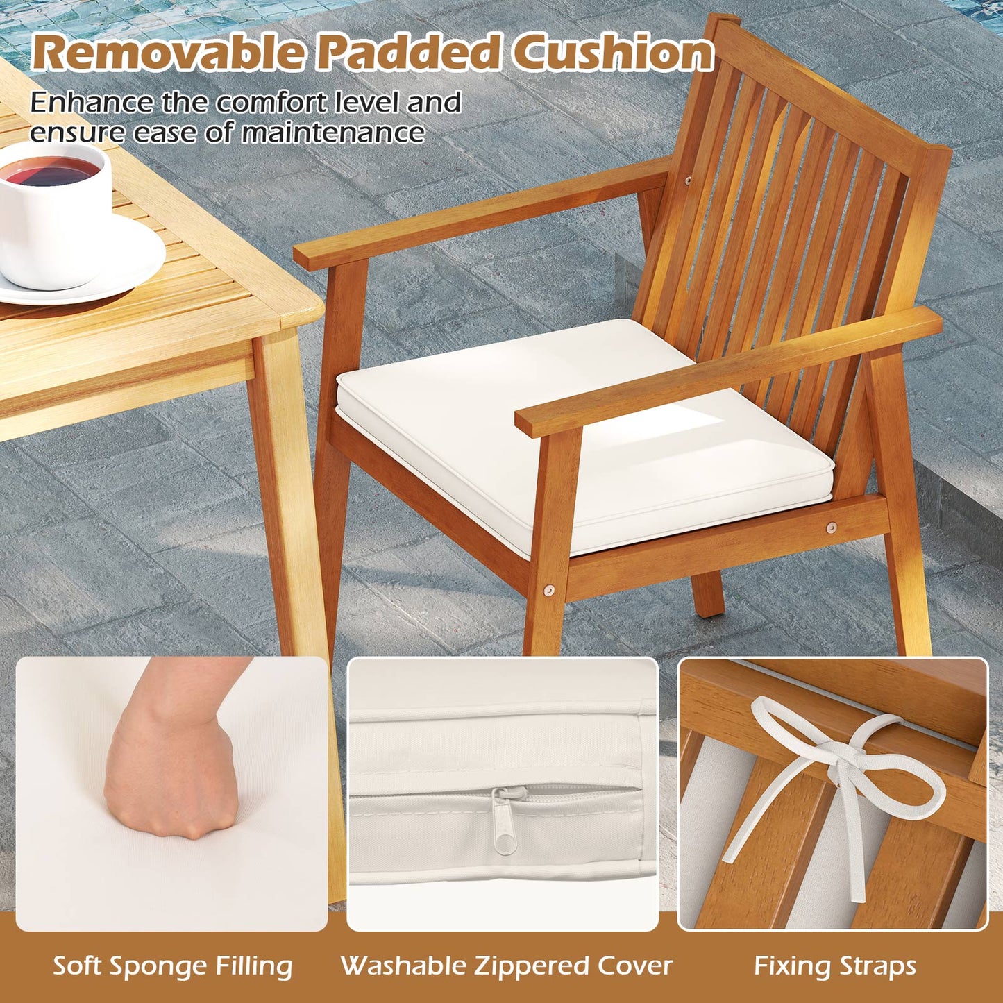 Acacia Wood Patio Dining Chairs with Removable Cushions (Set of 2)