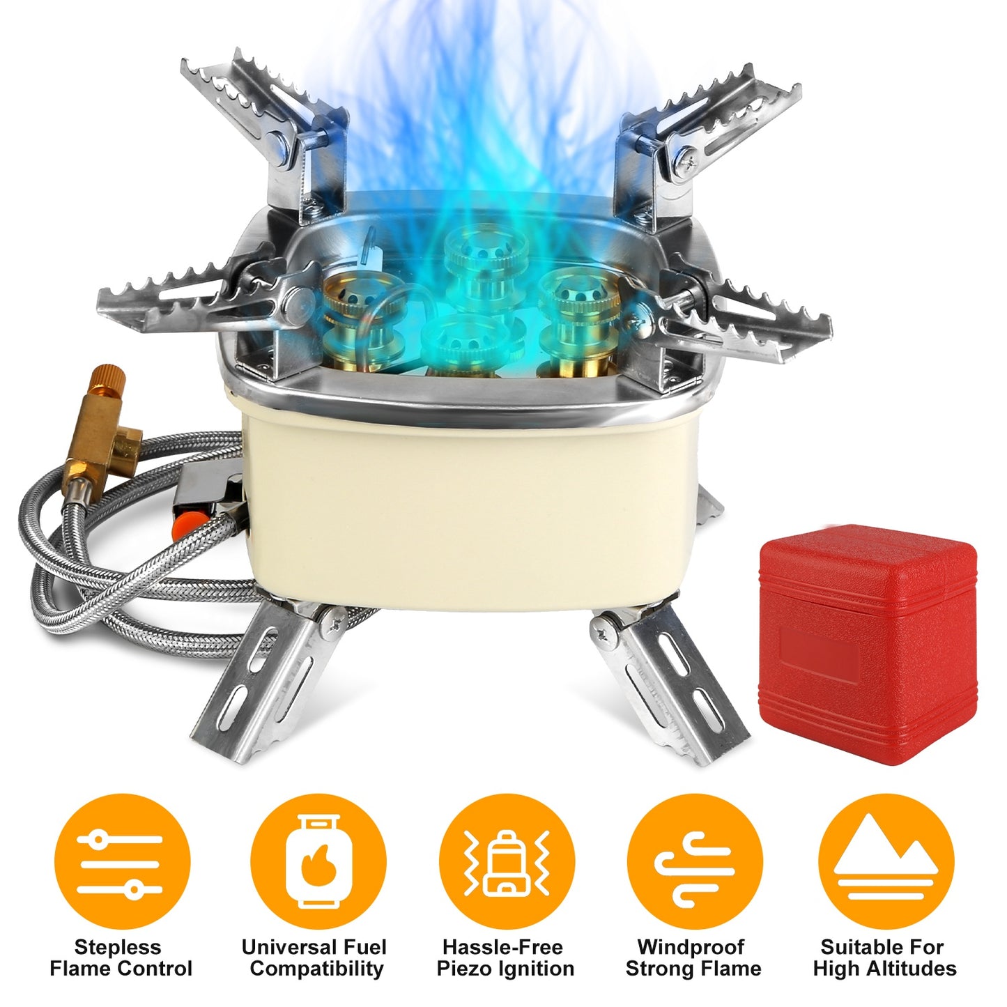 Portable Camping Stove 13000W 5-Head Gas Burner with Piezo Ignition