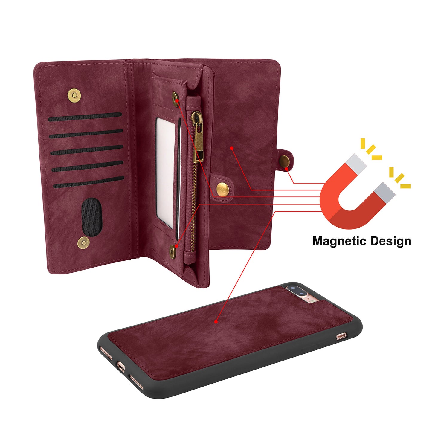 iPhone 7 Plus Wallet Case with Detachable Magnetic Cover