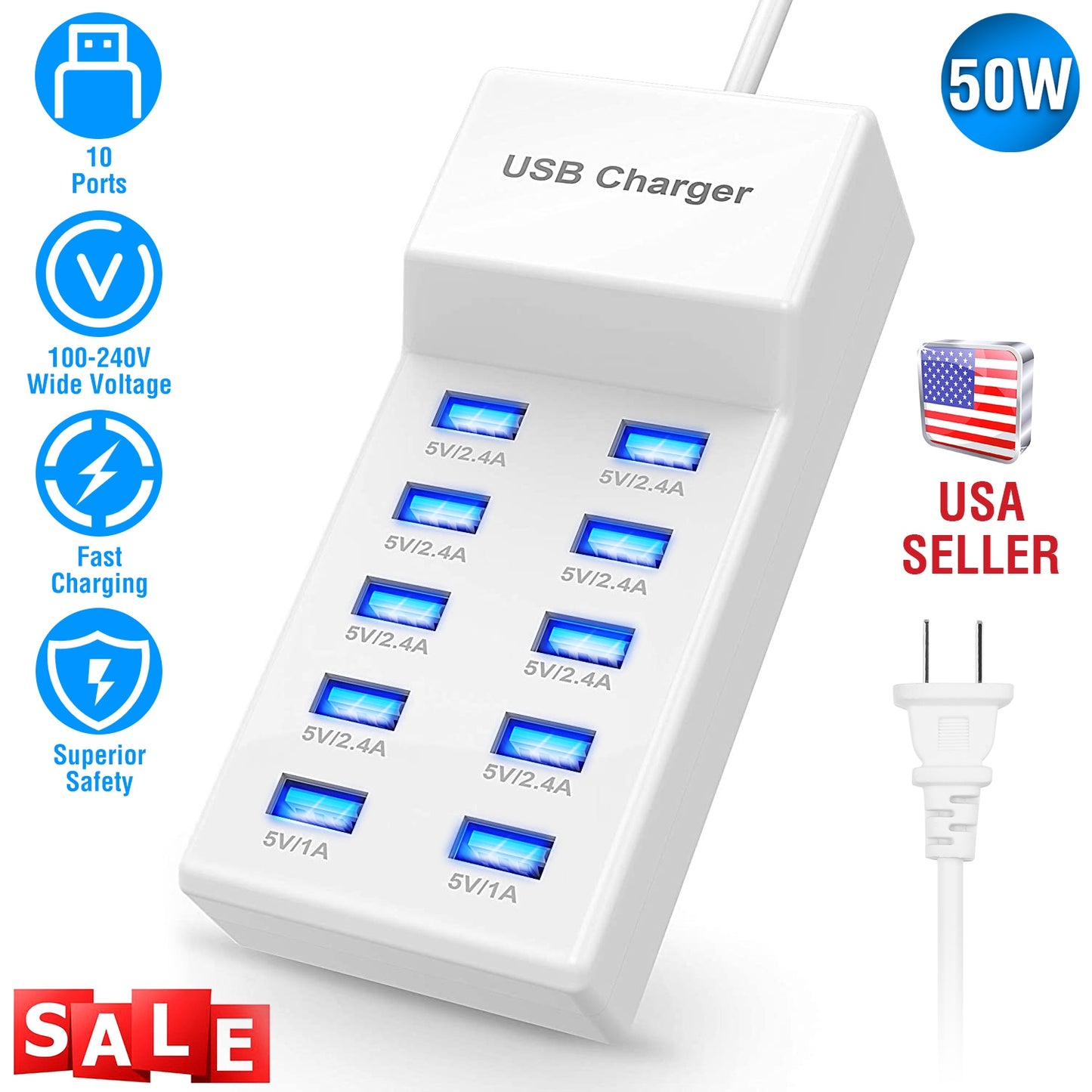 10-Port USB Charging Station Hub 50W Multi-Device Wall Charger