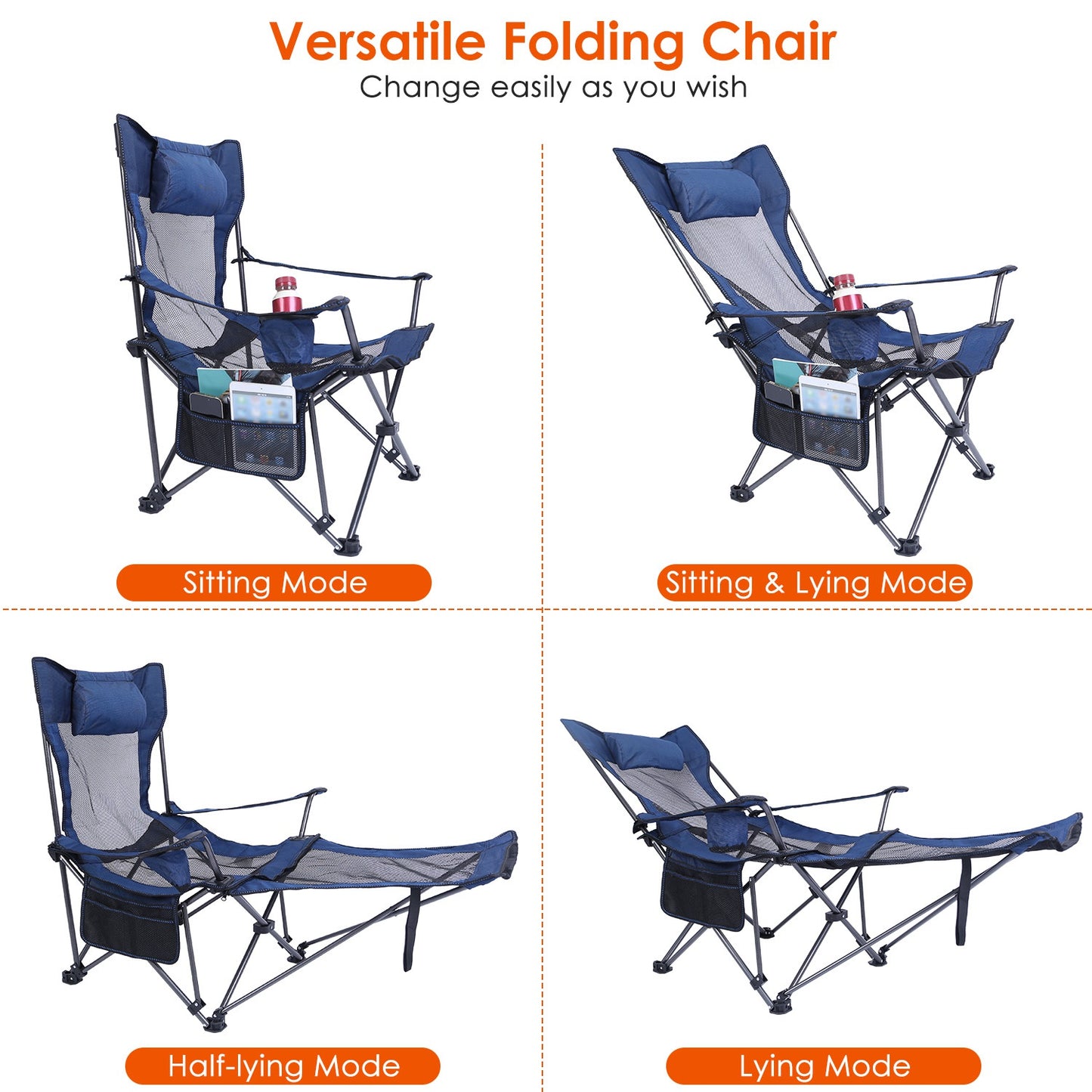 Foldable Camping Chair with Reclining Backrest - 330 LBS Capacity