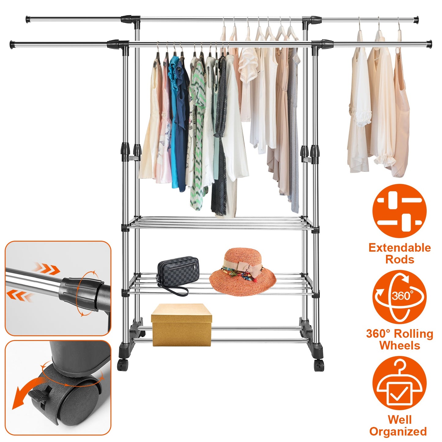 Extendable Garment Rack with Wheels - Adjustable Clothing Rail