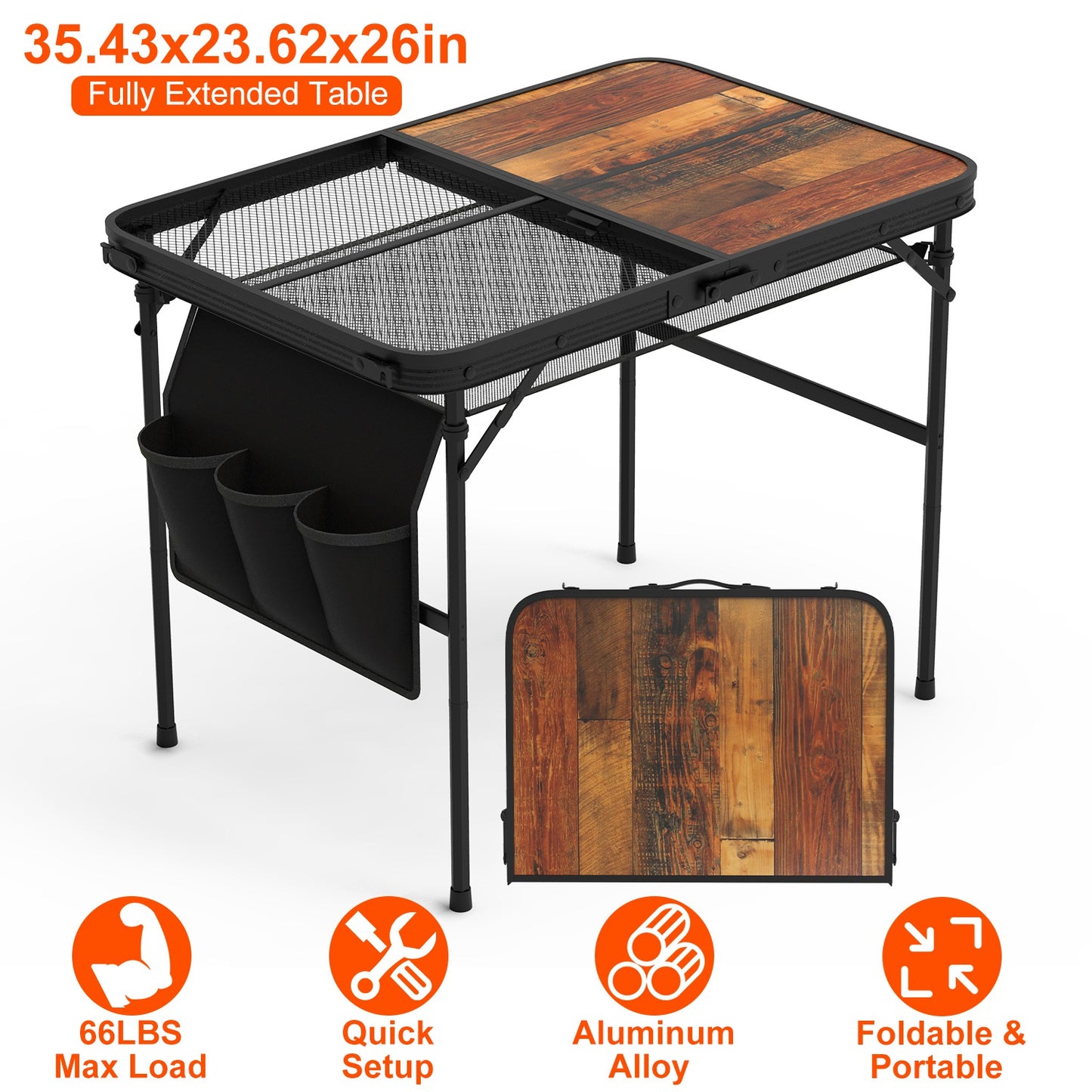 Foldable Camping Table with Adjustable Height & Storage Net