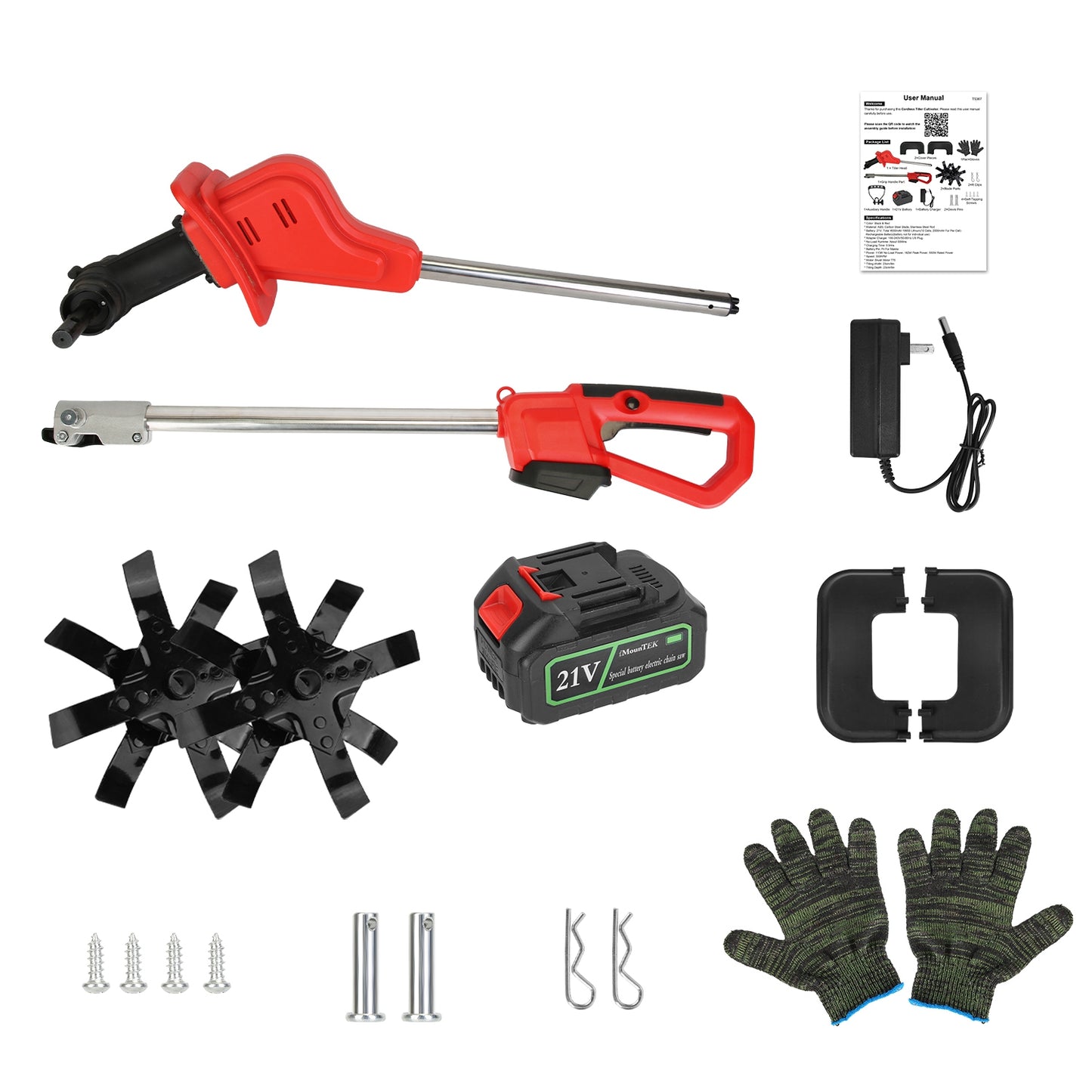 21V Cordless Electric Tiller Cultivator with 4 Blades