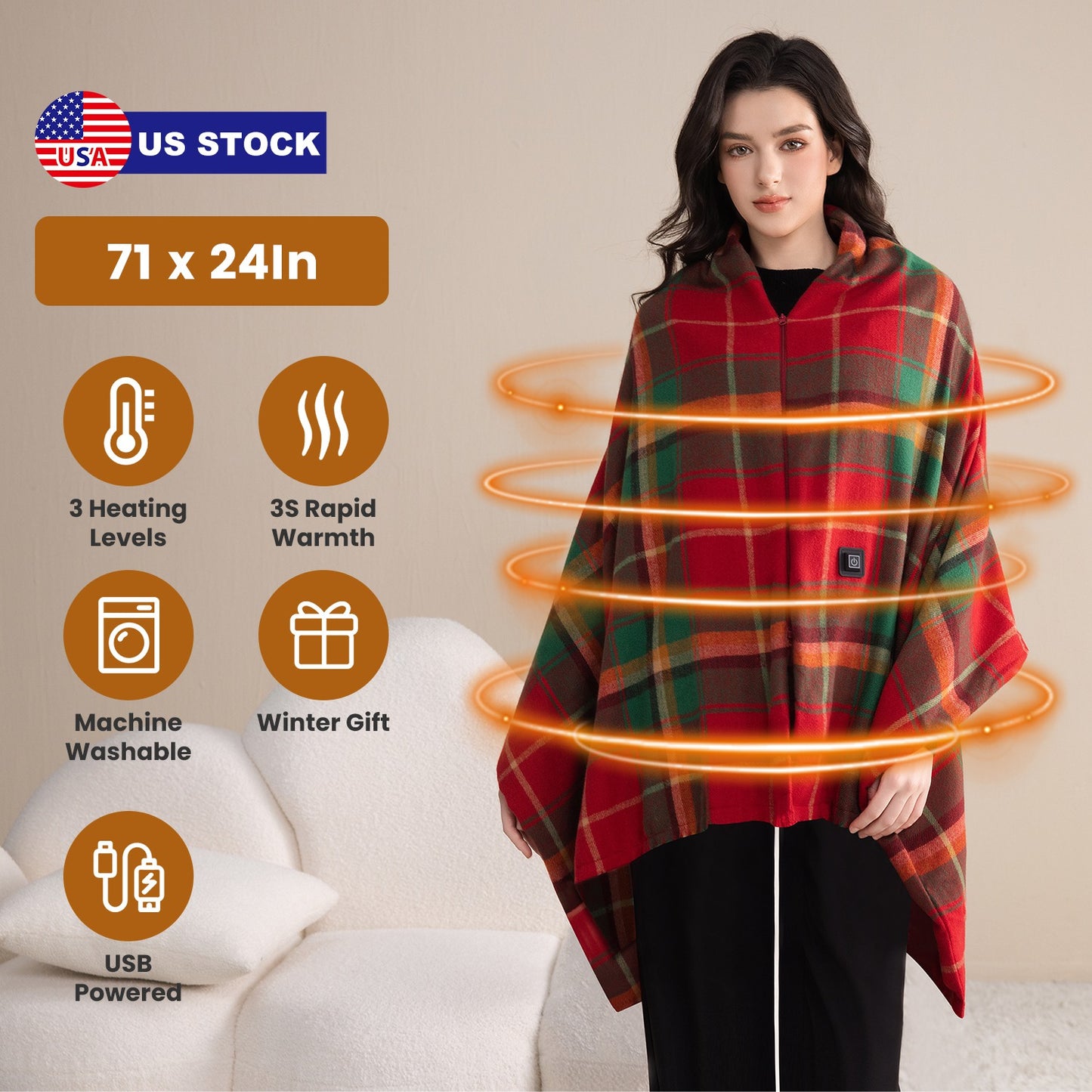 USB Heated Shawl with 3 Heat Levels and Zipper